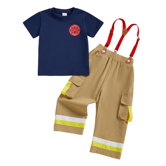 FeMereina Kids Firefighter Outfit For Boys Girls Fire Fighter Themed Halloween Cosplay Outfit Toddler Fireman Clothes (Blue, 4-5T)