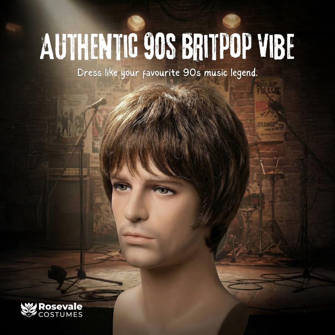 Rosevale Adult Men's 90’s Rock and Roll Star Liam Inspired English Singer Wig – Short Wavy Brown Wig for Costume, Halloween, Cosplay, and 90s Music Icon Look