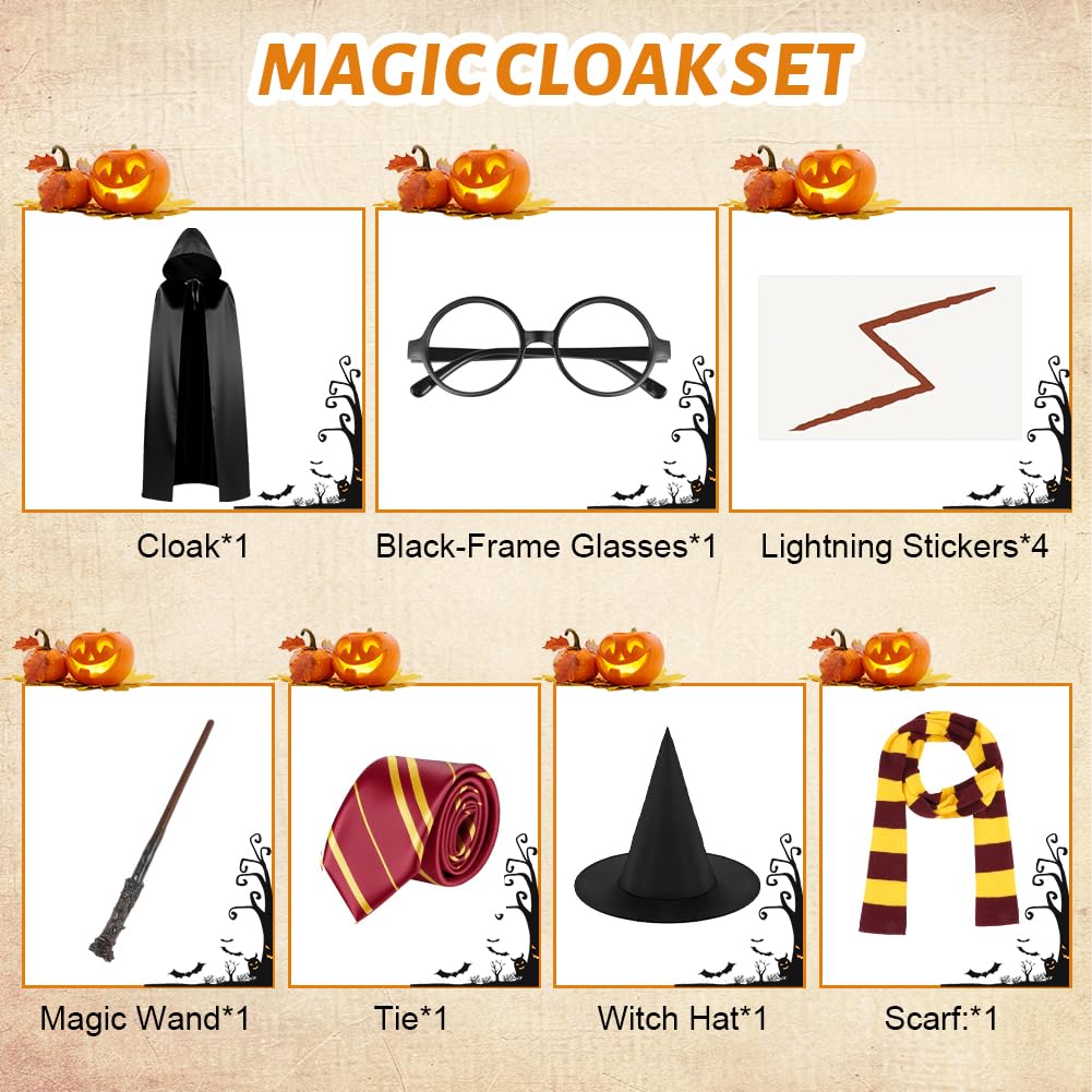 AUYAO 7 Pcs Wizard Costume Wizard Outfit, Wizard Robe Wizard Fancy Dress Up Costume with Magic Wand Black Cape Scarf Glasses Tattoo Sticker Tie Hat Cosplay Outfit for World Book Day Halloween Girl Boy
