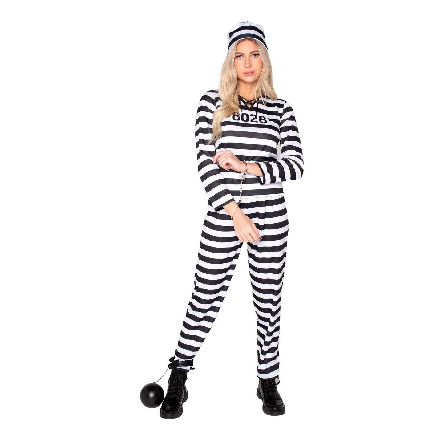 Adult Women Jailbird Prisoner Costume for Halloween Dress Up Party