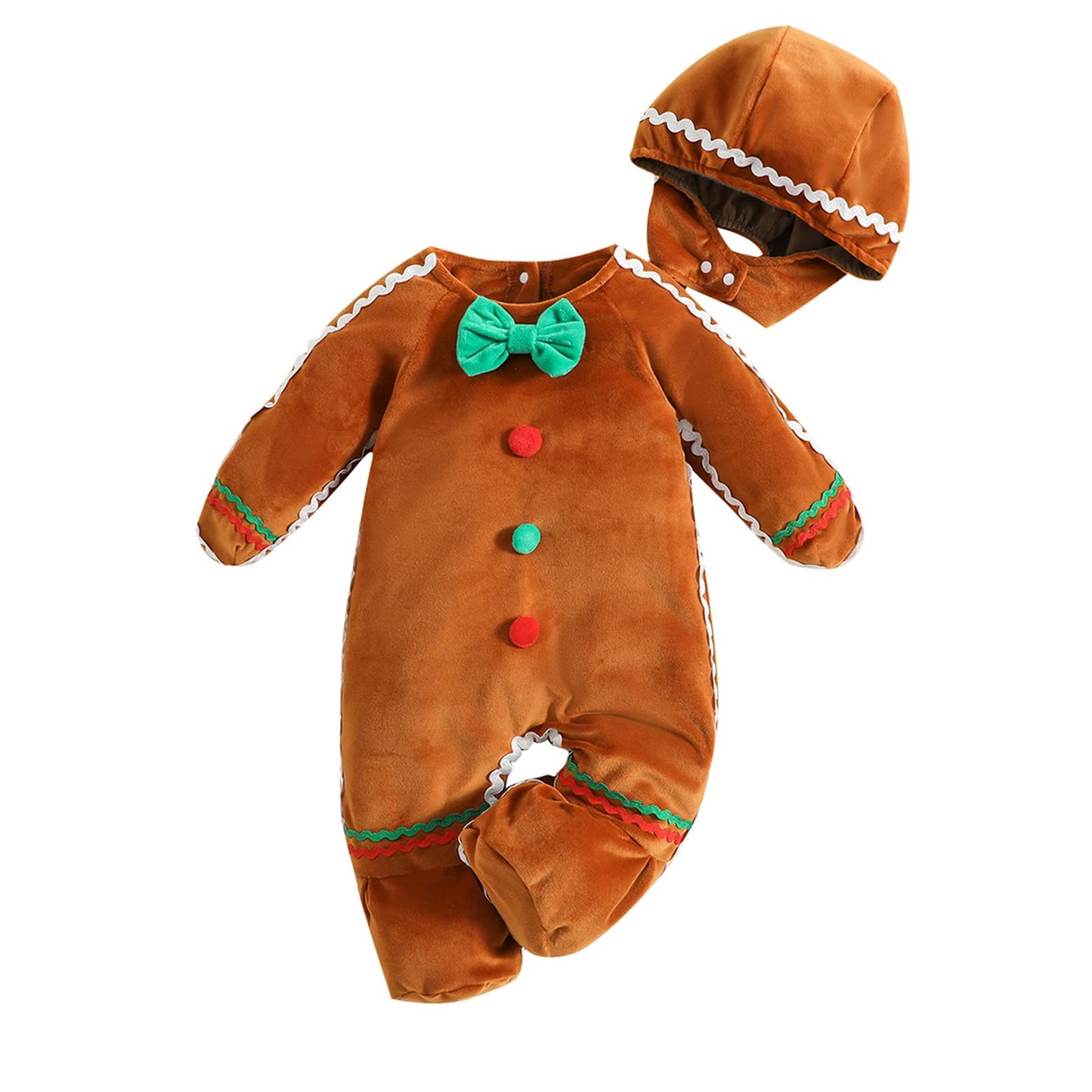 RUINIXCW Toddler Baby Boys Gingerbread Rompers Costumes Long Sleeve Jumpsuits Plush Bowtie with Hat Infant Christmas Outfits (Brown, 0-3 Months)