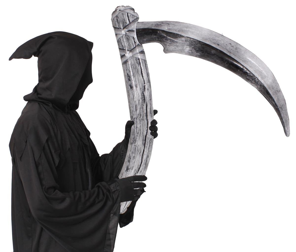 DAY OF THE DEAD GRIM REAPER COSTUME - ADULTS DEATH HALLOWEEN FANCY DRESS COSTUME - BLACK ROBE + HOOD + GLOVES + INFLATABLE SCYTHE + REVERSIBLE MASK - PERFECT HALLOWEEN COSTUME - (LARGE)