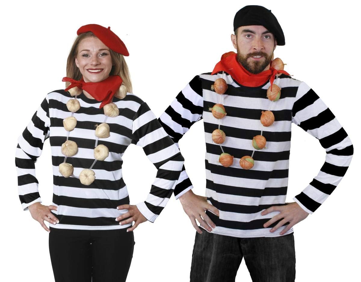 French Couples Fancy Dress Costume Black & White Top + Beret + Tash + Onion/garlic Garland Frenchman Outfit Set (Large & Xx-large)