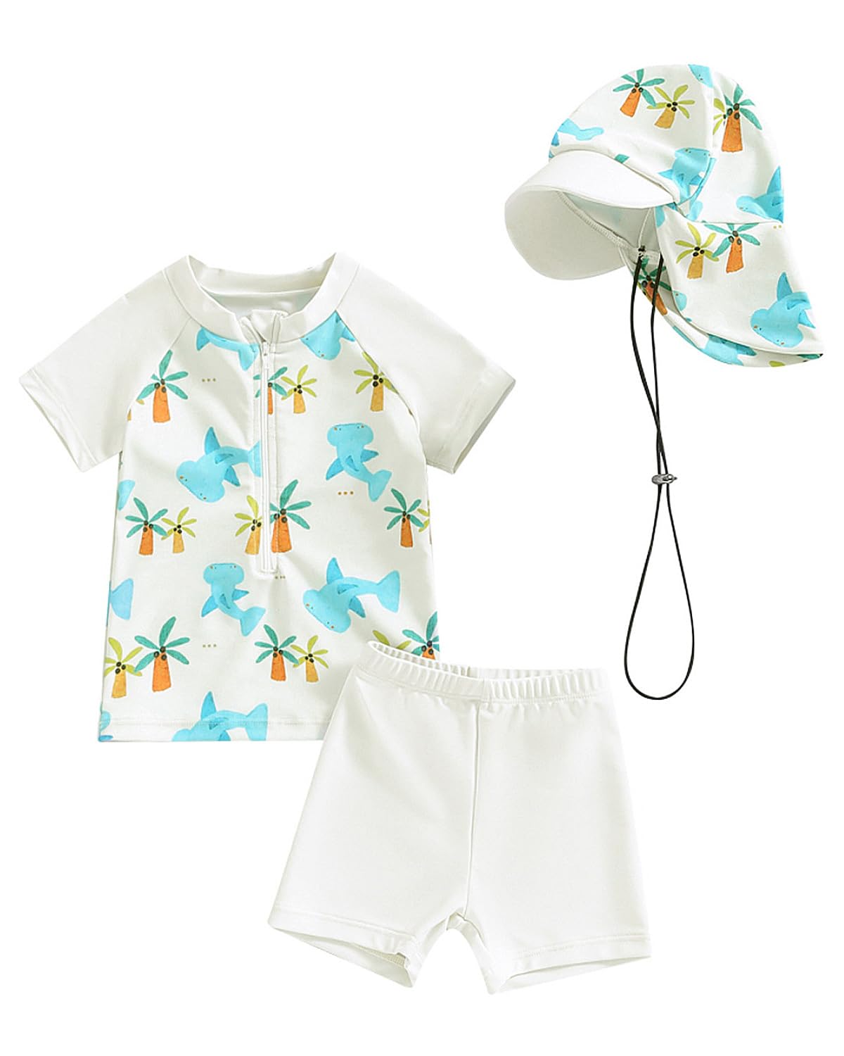 JiAmy Baby Boys Swimming Costume with Sun Hat 3PCS Short Sleeve Zip Up Rash Guard Shirt Swim Truck Infant Toddler Baby Swimsuit White 18-24 Months