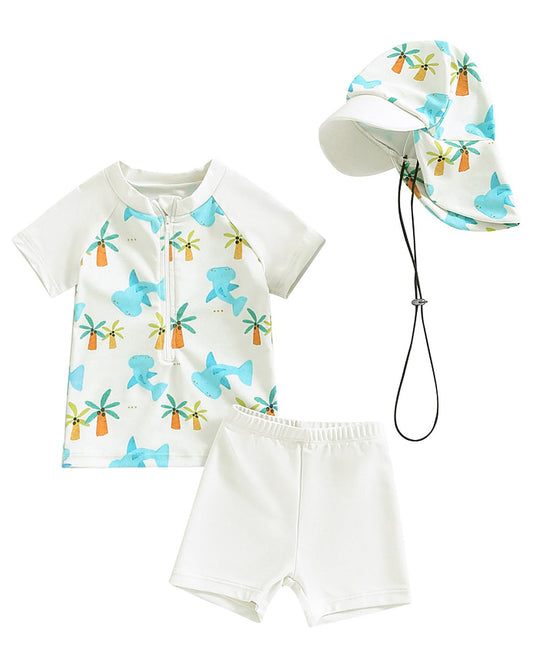 JiAmy Baby Boys Swimming Costume with Sun Hat 3PCS Short Sleeve Zip Up Rash Guard Shirt Swim Truck Infant Toddler Baby Swimsuit White 18-24 Months
