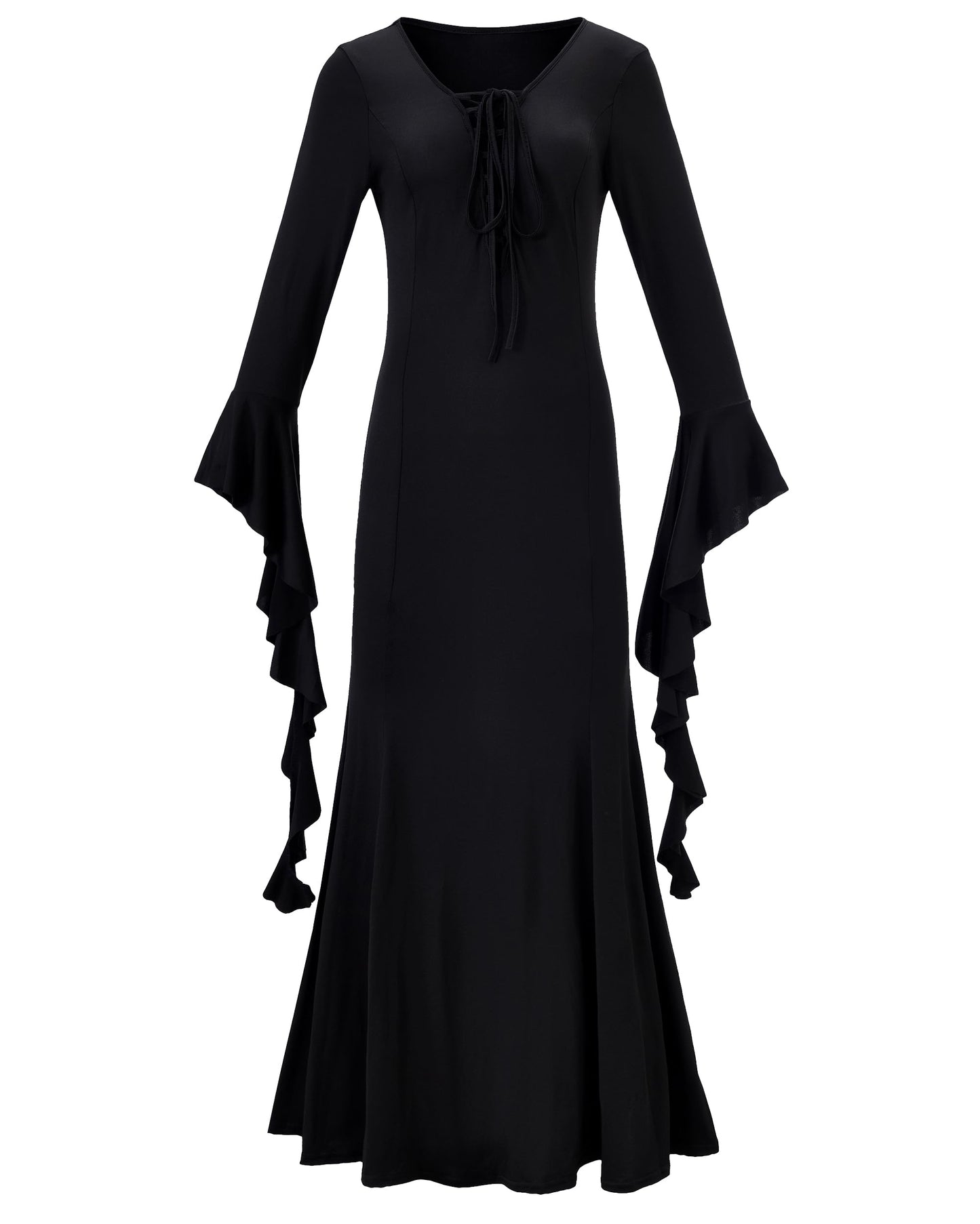 Womens Gothic Maxi Dress Long Sleeve Black Witch Costume Lace Up