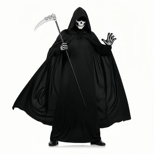Grim reaper kids costume with hooded cape skeleton mask and scythe