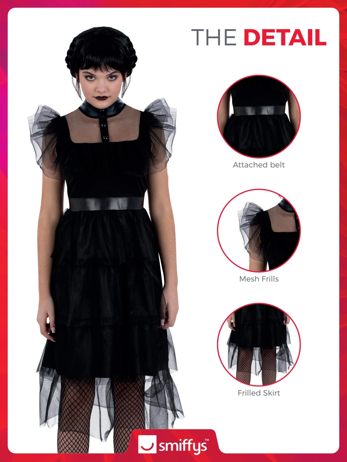 Smiffys Kids Gothic Prom Costume Dress with Mesh Frills, Halloween Child Fancy Dress, Gothic Schoolgirl Dress Up Costumes