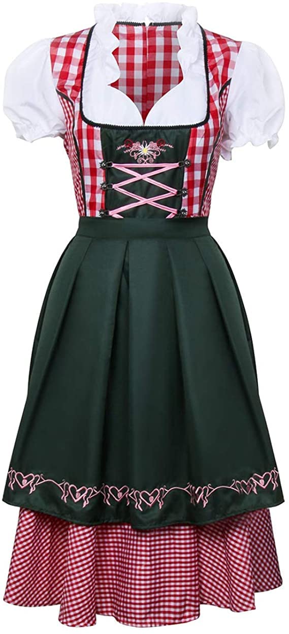 NUWIND Womens German Beer Festival Costume Bavarian Traditional Oktoberfest Halloween Party Maid Plaid Fancy Dress Outfit (XXL)