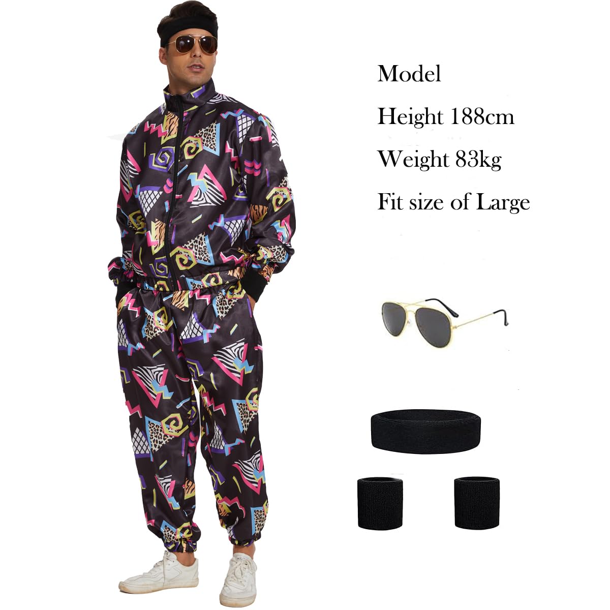 CEKUIA 80s 90s Fancy Dress Shell Suit Disco Dress Costume for Men Women Tracksuit with Headband Glasses Wristbands