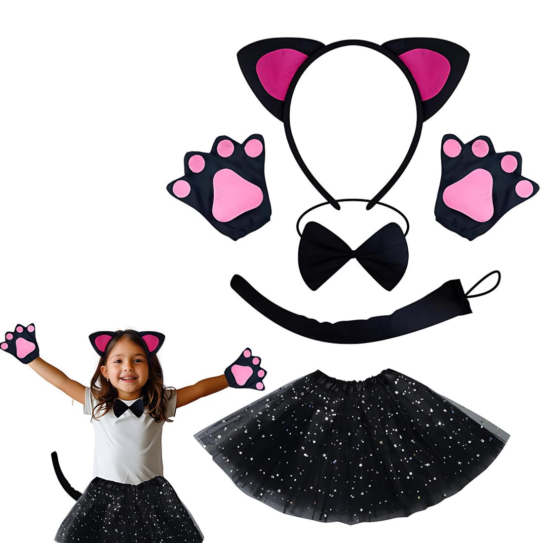 Cat Costume for Girls Kids Animal Fancy Dress with Black Tutu Skirt