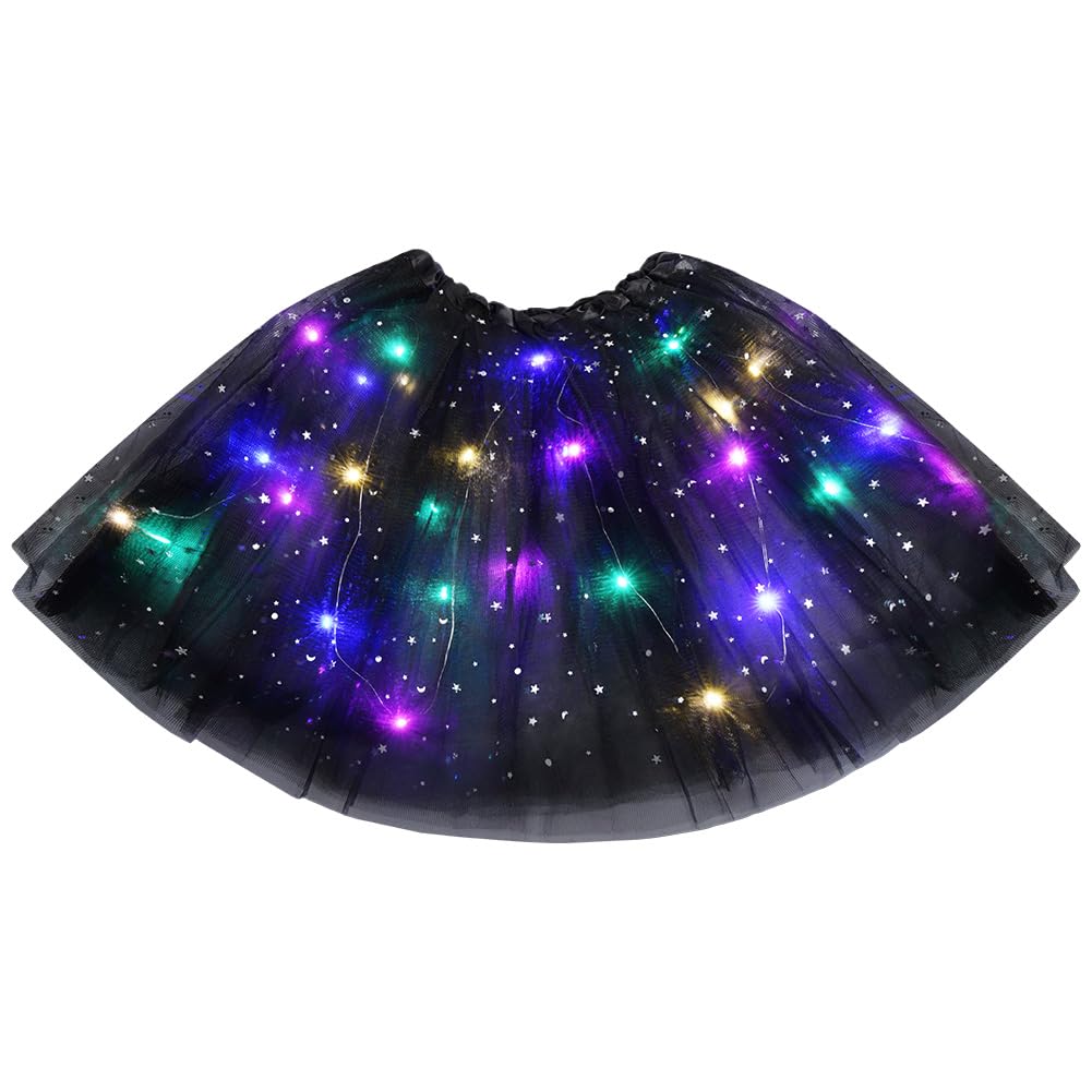 URAQT Tulle Tutu Skirts for Women LED Light Up, Tutu Skirts Sequins Stars Elastic, Tutu Adult Teen Skirt Ballet Dance Festival Outfit Halloween Party Costume # Black