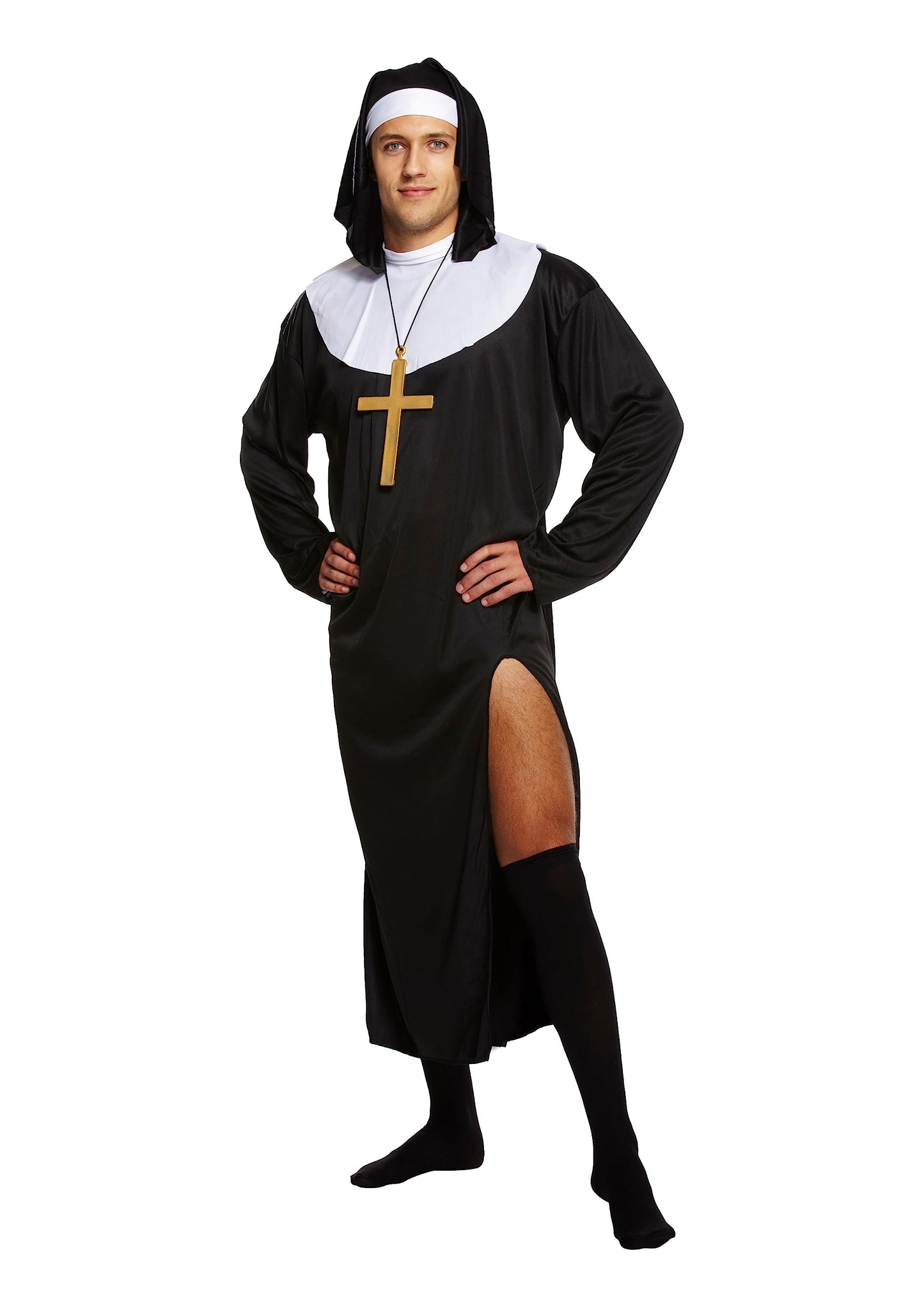 HENBRANDT Adult Men’s Nun Fancy Dress Costume Male Nuns Religious Habit with Black Nun Headpiece Novelty Cosplay Dress Up Outfit One Size Mens Fancy Dress Costume