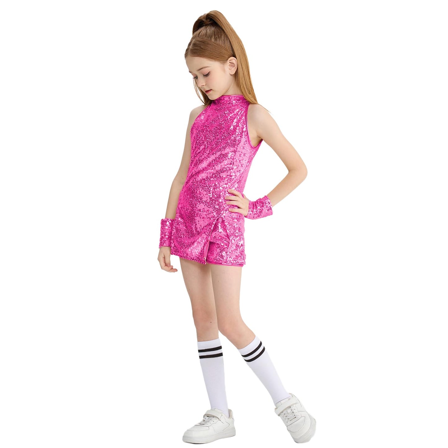 LOLANTA Girls Sequins Jazz Dance Costume Child Sparkle Mini Dress Hip Hop Dance Clothes Set Top+Pants+Socks Rosered, 10-11 years, Rosered