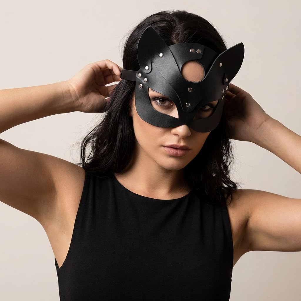 Black Cat Mask for Women - Sexy PU Leather Fox Masquerade Mask (image 3)