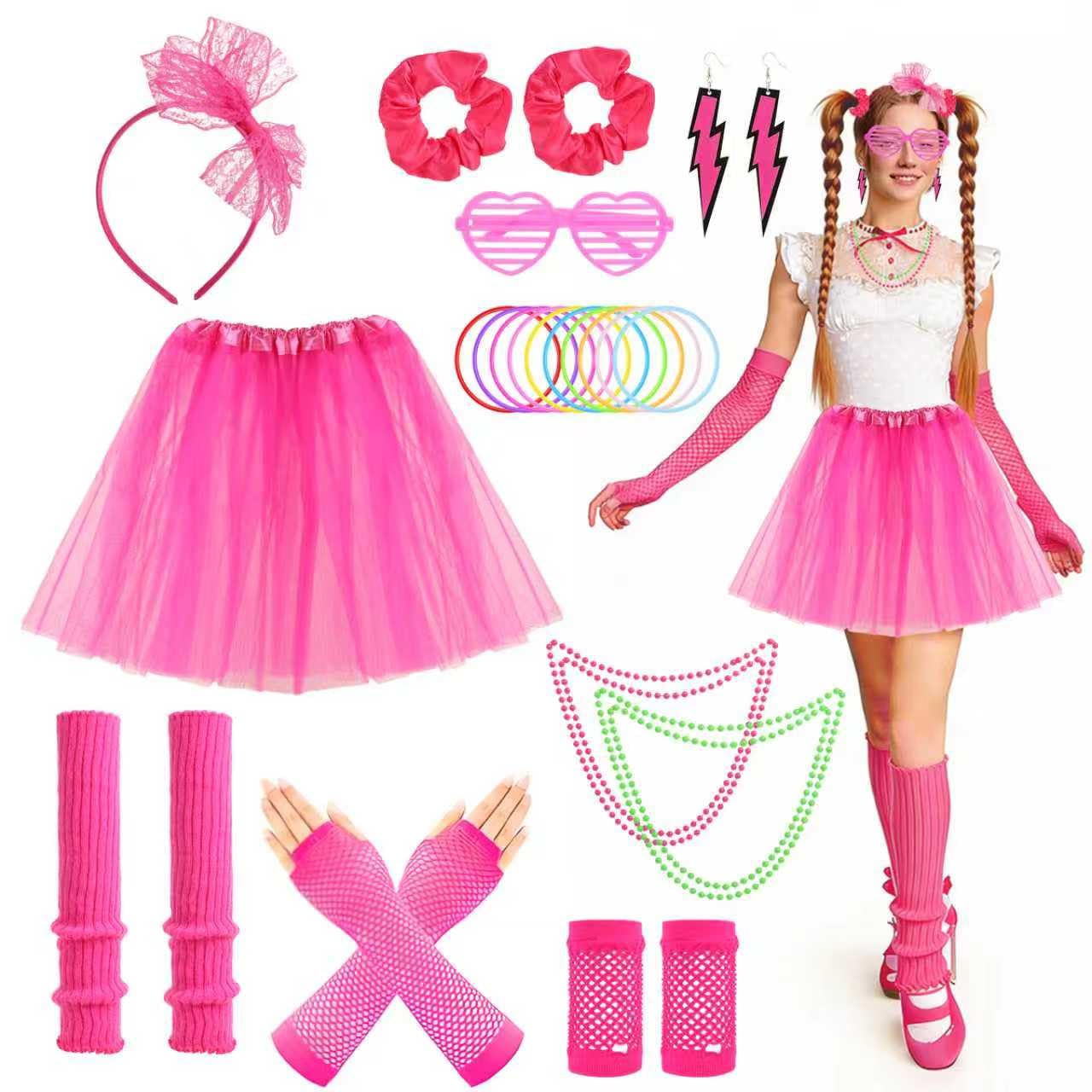80s Fancy Dress for Women, Complete 21-Piece Retro Party Costume Accessories Set with Tutu Skirt, Fishnet Gloves, Leg Warmers & Headband for 1980s Theme Parties, Retro Party Dress up & Fancy Dress