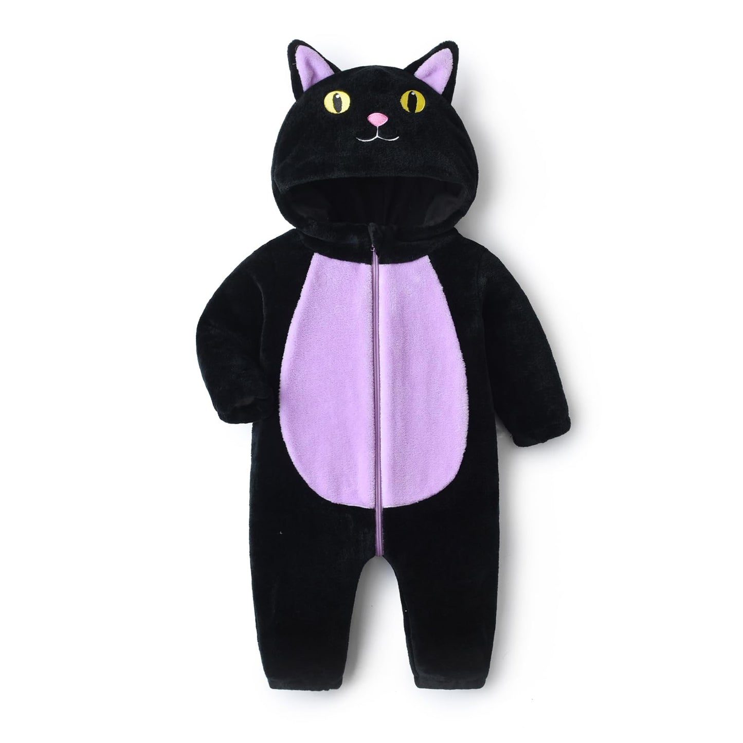 Qianderer Toddler Baby Black Cat Costume Hooded Jumpsuit Zipper Snowsuit Infant Boy Girl Halloween Costumes Fuzzy Warm Winter Clothes (Ba Purple, 18-24 Months)