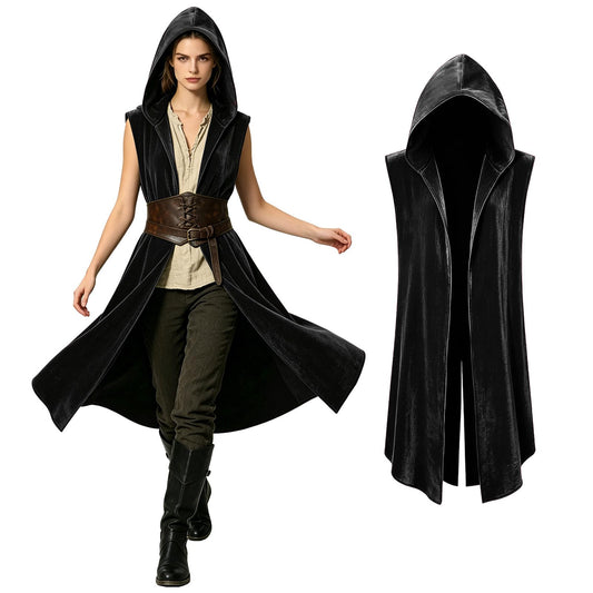 Medieval hooded vest with sleeveless cloak design in black, red or green