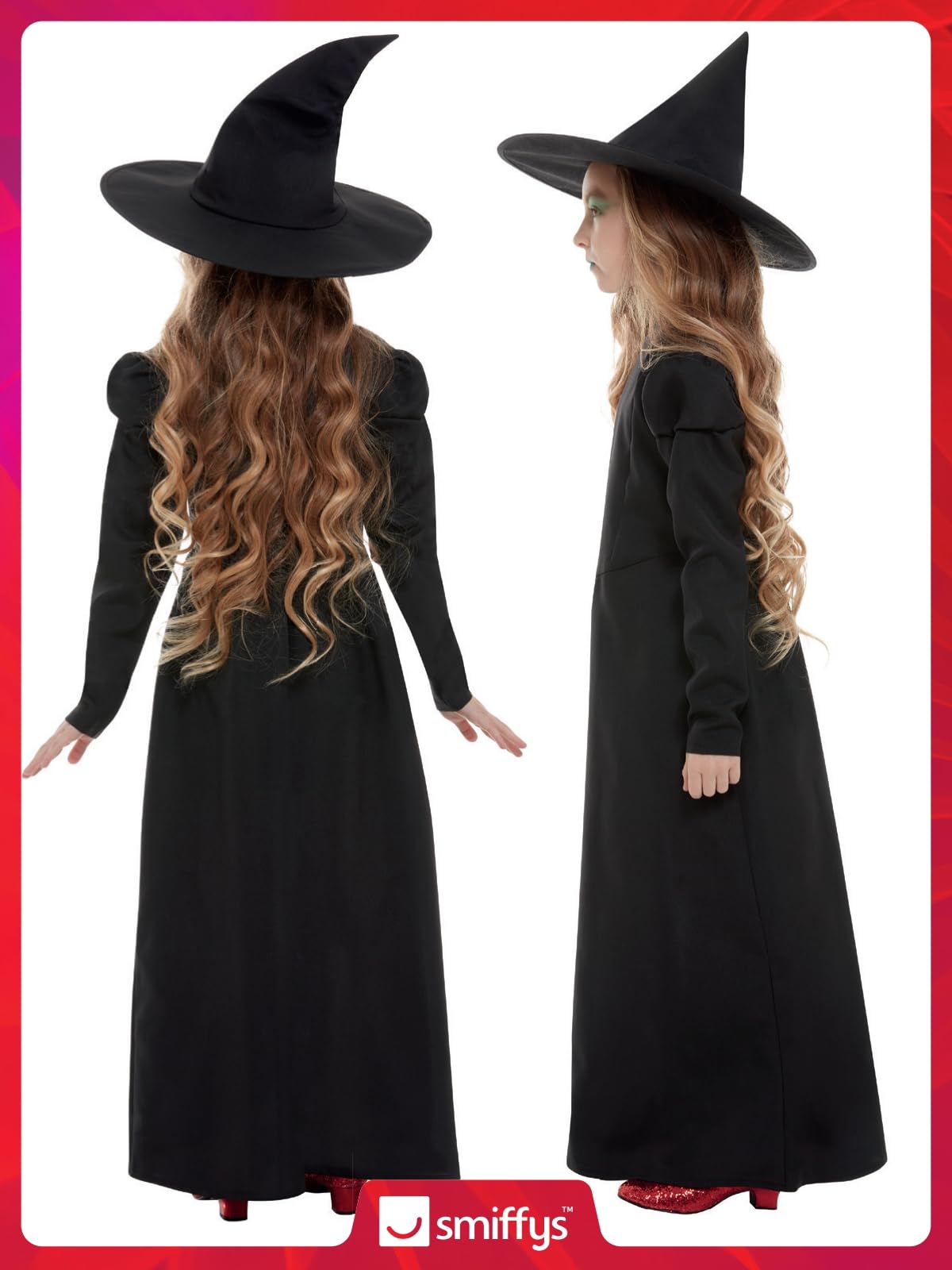 Smiffys Wicked Witch Girl Costume, Black with Dress & Hat, Halloween Child Fancy Dress, Witch Dress Up Costumes