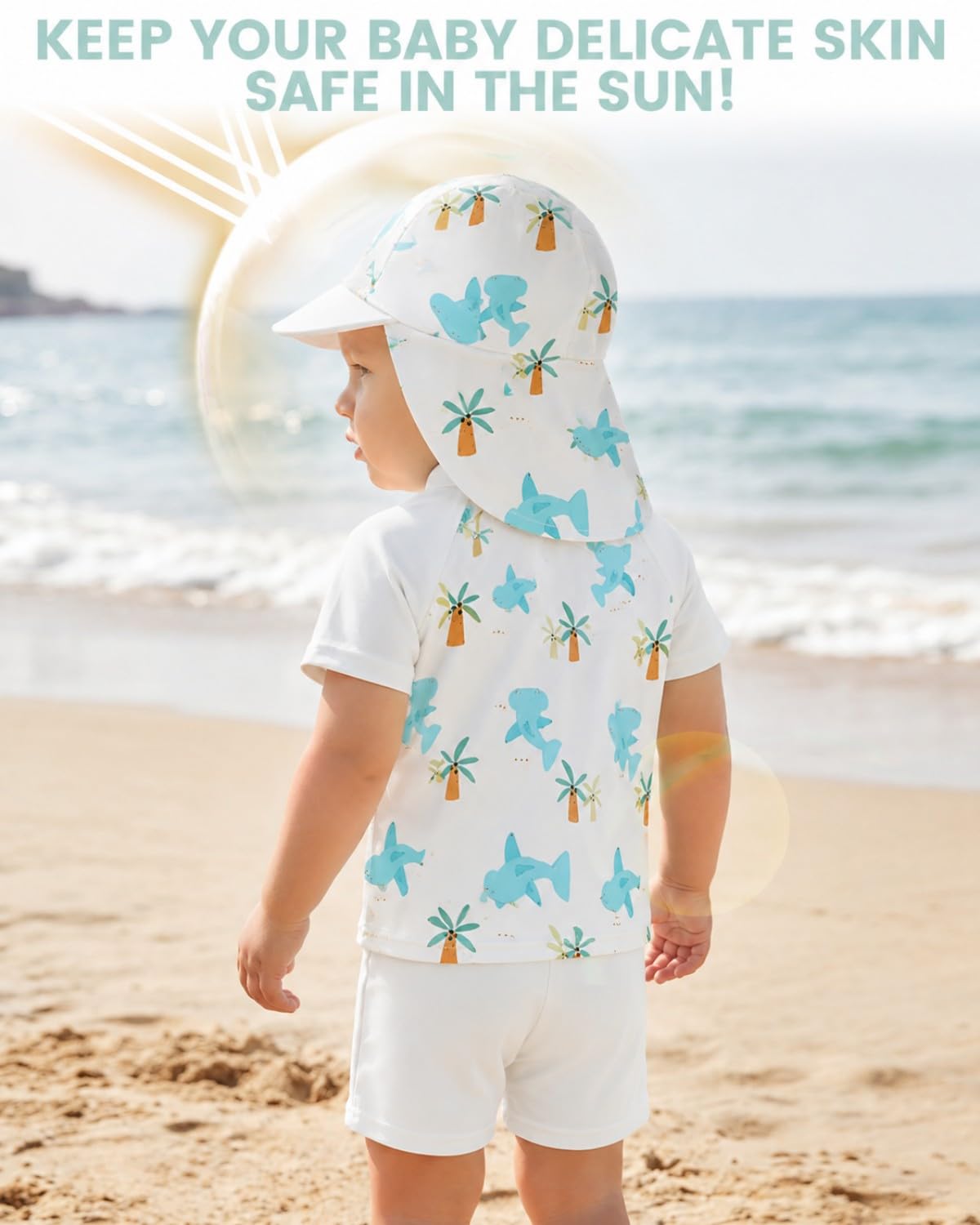 JiAmy Baby Boys Swimming Costume with Sun Hat 3PCS Short Sleeve Zip Up Rash Guard Shirt Swim Truck Infant Toddler Baby Swimsuit White 18-24 Months