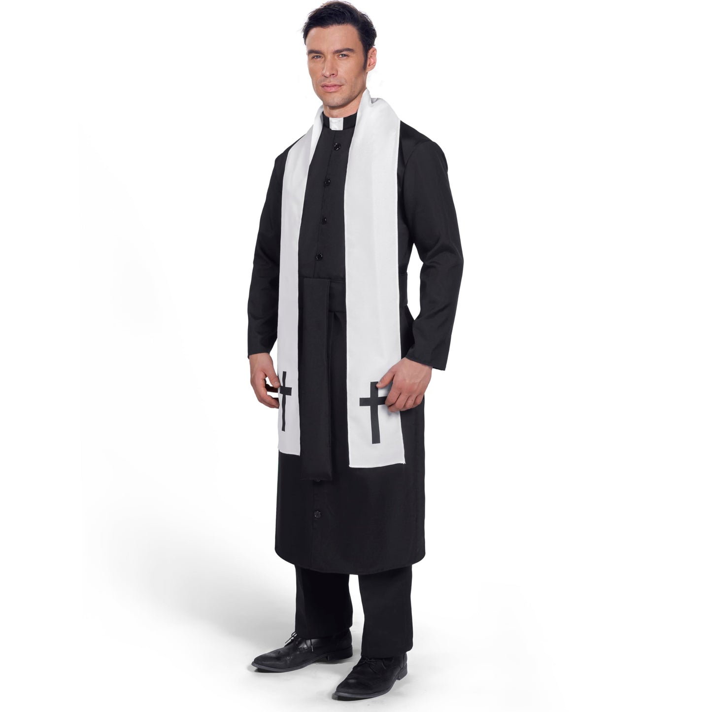 Spooktacular Creations Adult Men’s Black Priest Father Robe Stole, Priest Costume for Halloween Dress Up Party Cosplay (XL)
