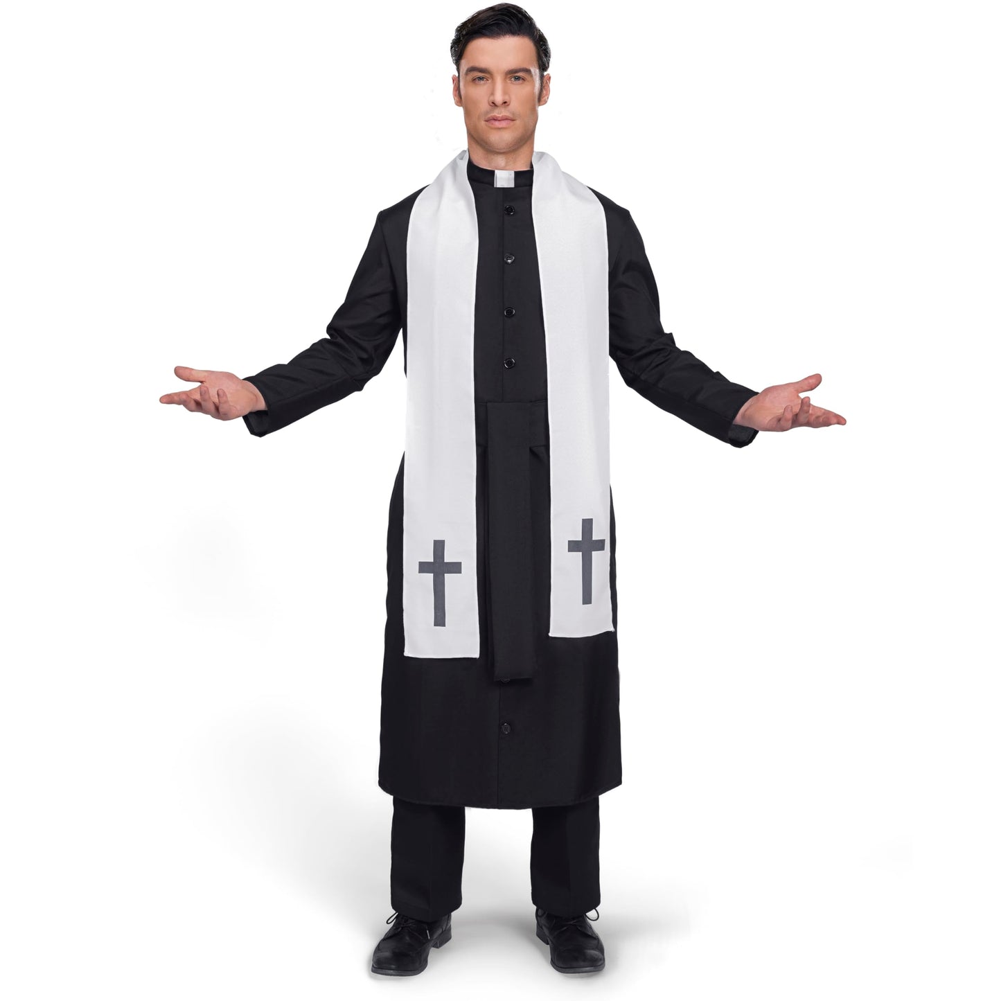 Spooktacular Creations Adult Men’s Black Priest Father Robe Stole, Priest Costume for Halloween Dress Up Party Cosplay (XL)