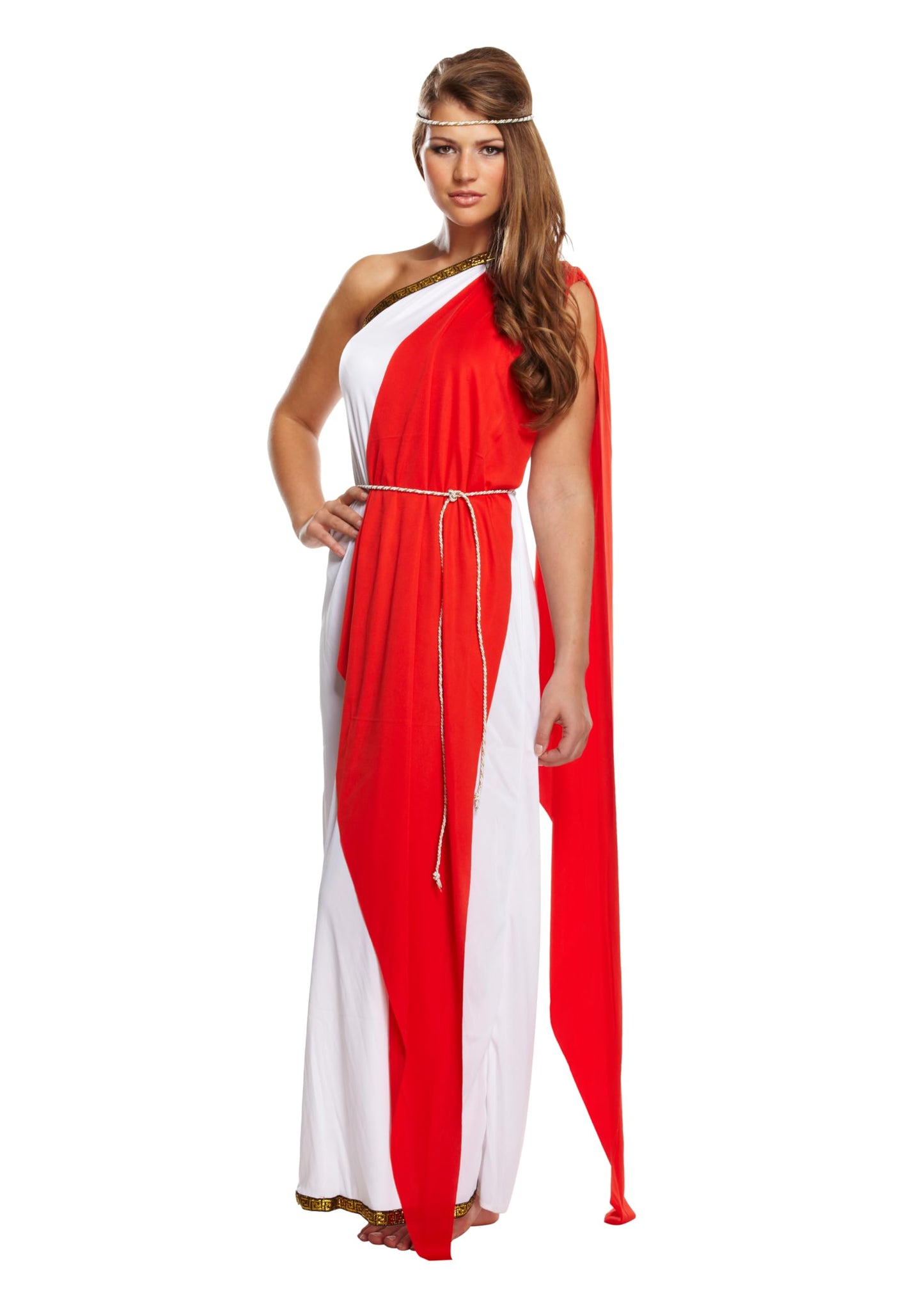 HENBRANDT Adult Women’s Roman Lady Long Dress with Red Shawl and Headpiece Floor Length White Toga Fancy Dress Costume Ancient History Dress Up Outfit One Size Ladies Fancy Dress Costume