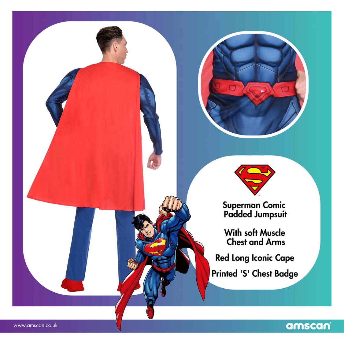 Men Adult Superman Classic Superhero Costume Fancy Dress - Blue