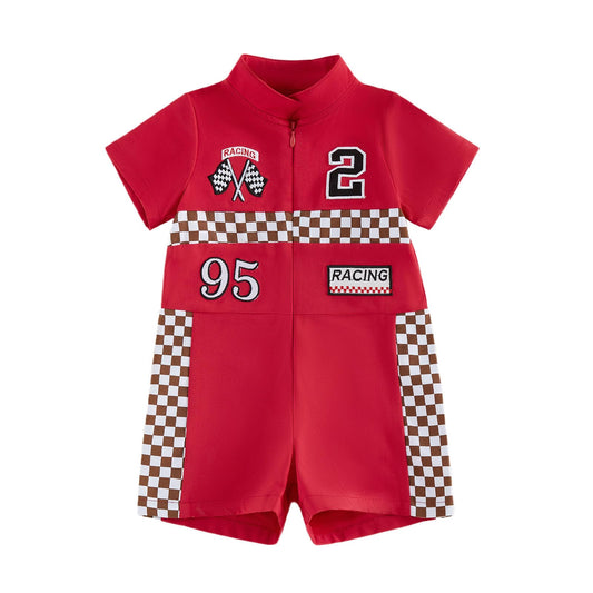 JCOPLY Infant Baby Boy Race Car Driver Romper Newborn Photo Outfit Plaid Number Embroidery Short Sleeve Stand Collar Zip Up Jumpsuit Summer Clothes (Red, 9-12 Months)