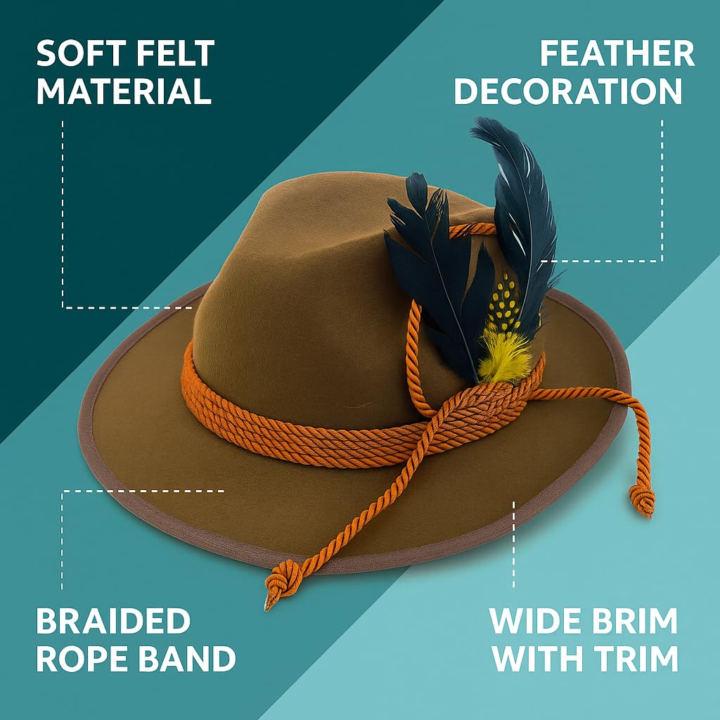 RKK Enterprise Limited Deluxe Oktoberfest Hat Brown German Alpine Fedora Bavarian Hat with Feather, One Size - Ideal for Fancy Dress Accessory, Oktoberfest, World Book Week Outfit