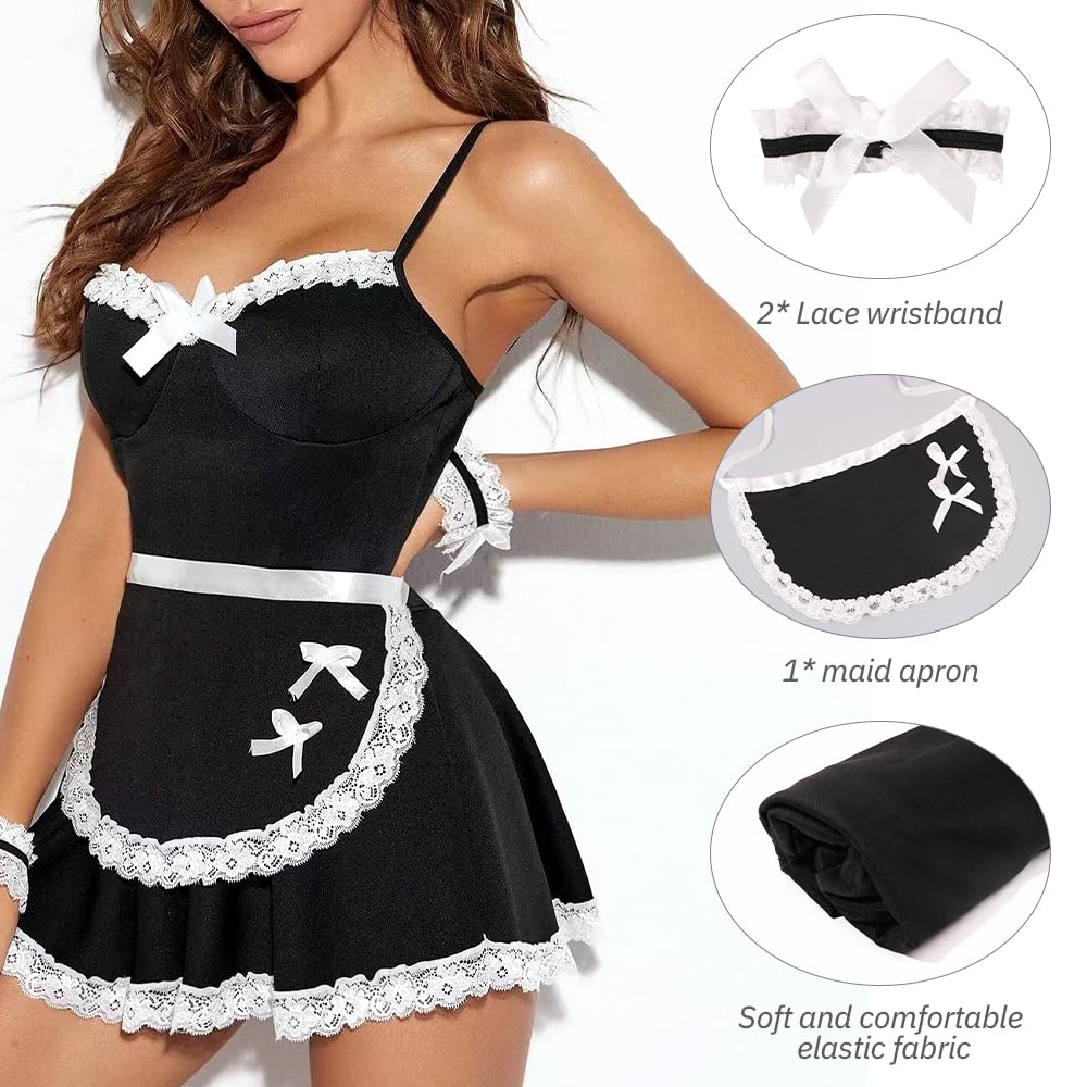 Women Maid Costume Set French Maid Fancy Sling Dress Spaghetti (image 5)