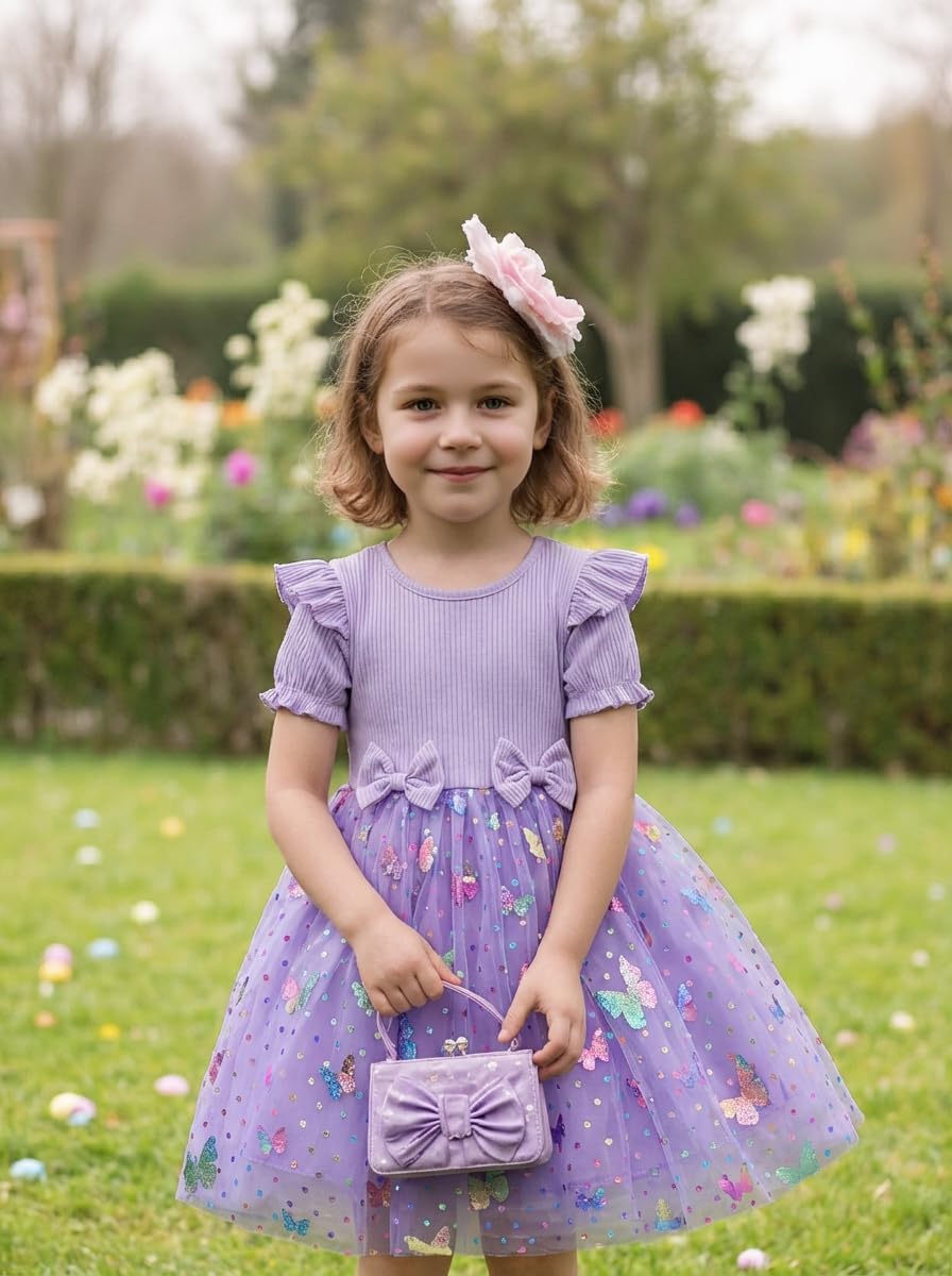 Girls Purple Flower Girl Dress Tulle Tutu Princess Dress Butterfly Dress with Ruffle Sleeves and Bowknot, Birthday Dress for Girls Aged 3 Years, Ideal for Spring Outings and Family Gatherings