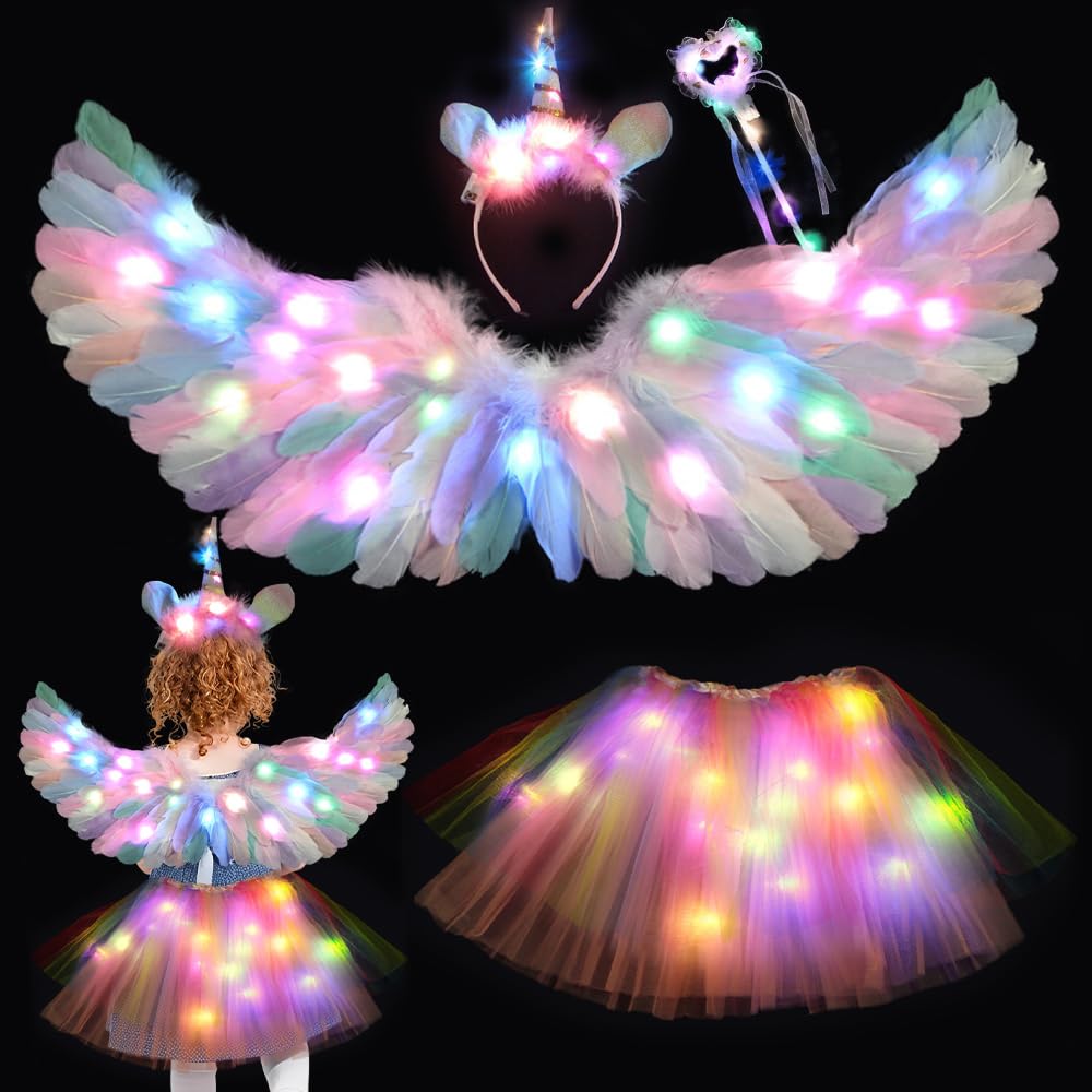 KUWUNG Light Up Fairy Costume for Girls, Kids Glowing Unicorn Costume with Feather Wings, LED Tutu Skirt, Magic Wand, Unicorn Headband, Children Fancy Dress for Halloween Christmas Carnival Party