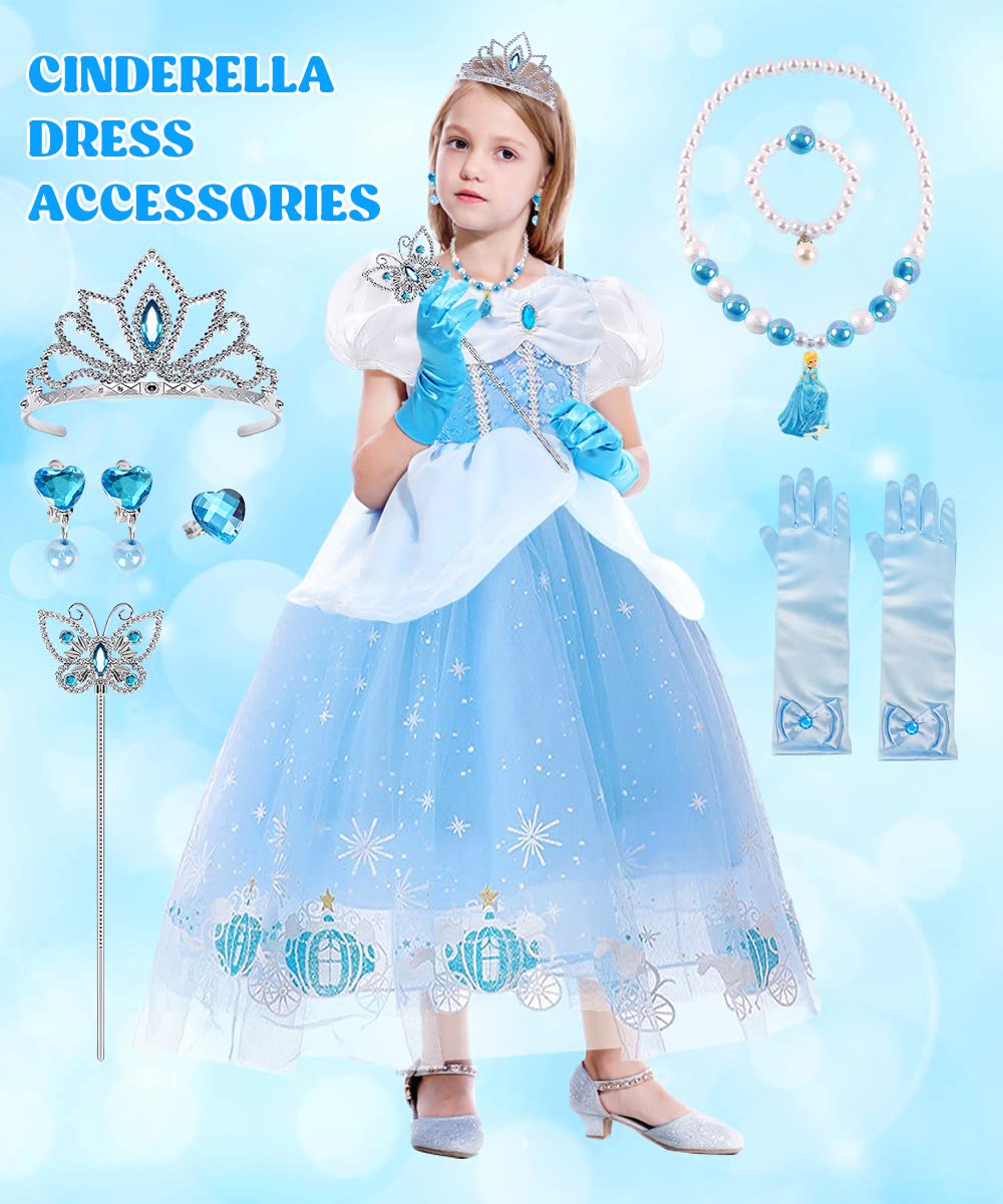 Princess Costumes for Girls, Cinderella Dress Up for Girls with Crown Fairy Wand Necklace Sets, Cinderella Princess Dress Long Skirt, Kids Fancy Dress for Carnival Party Bridesmaid Cosplay (A, 120)