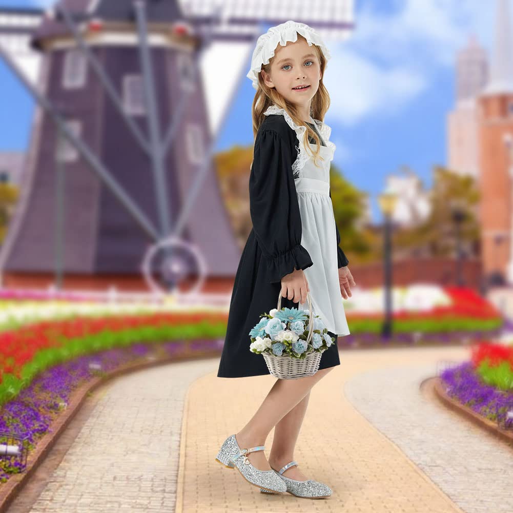AOMIG Victorian Maid Costume, Village Medieval Dress with Mop Cap & Socks, Kids Poor Outfit Fancy Costumes for Halloween Cosplay, World Book Day, Black, (C2-M-Bl230324-FBA)