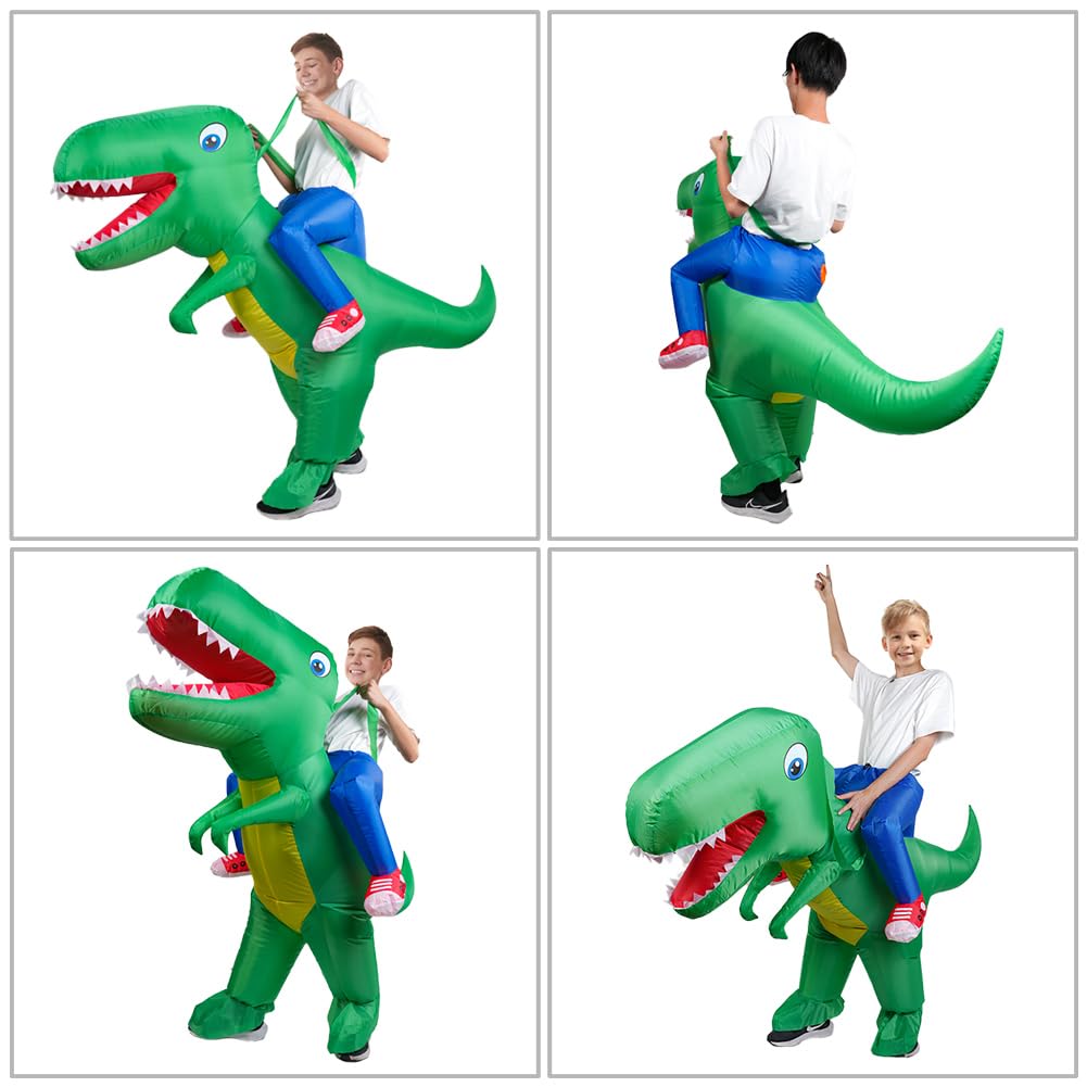 AOOWU Dinosaur Costume, Deluxe Dinosaur Inflatable Costume T-Rex Blow up Fancy Dress for Kids, Funny Ride-on Green Dinosaur Halloween Costumes for Halloween Cosplay Masquerade Party, Green
