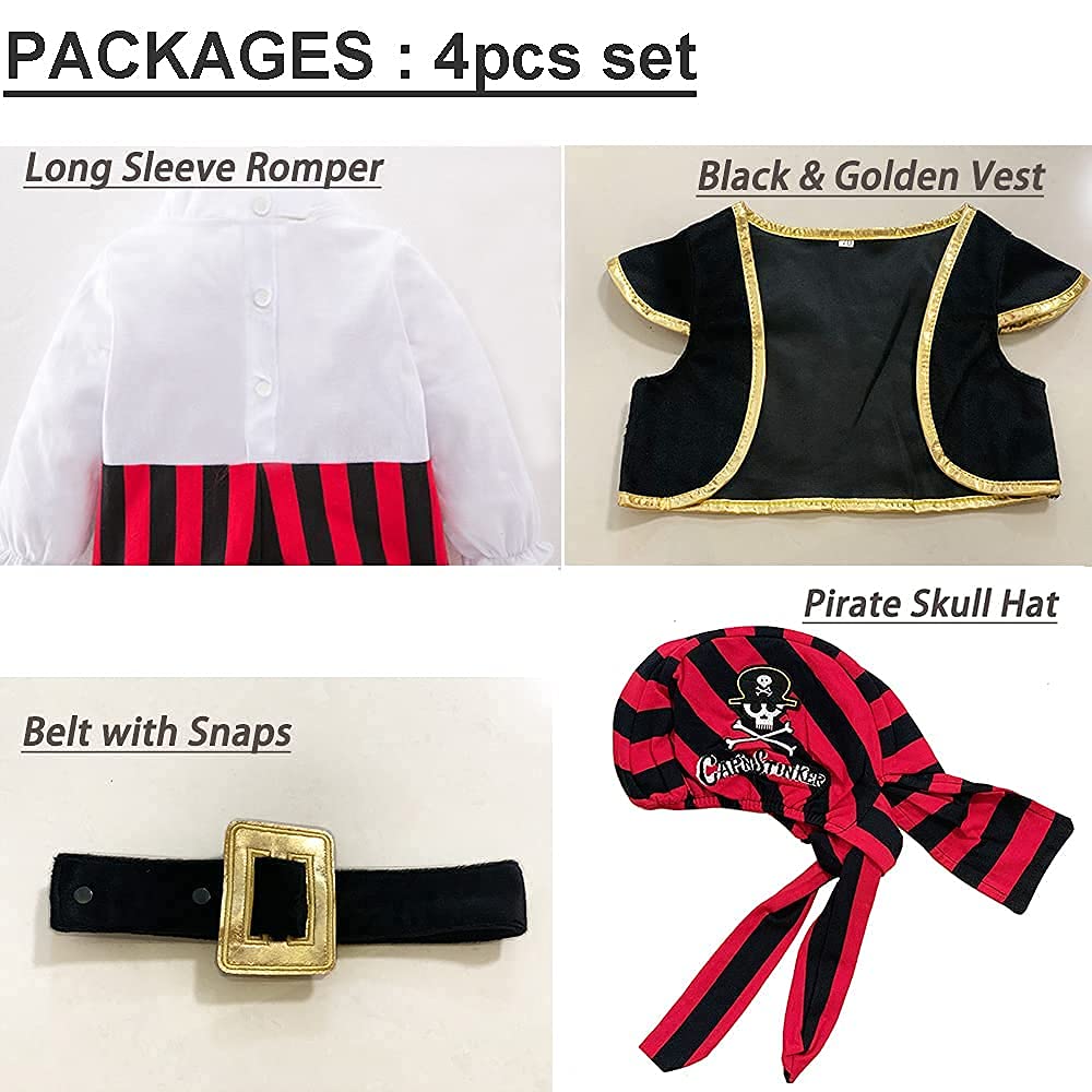Baby Pirate Costume Toddler Pirate Outfit Baby Boy Halloween Costumes Long Sleeve Romper+Vest+Hat+Belt 4pcs set 18-24 months