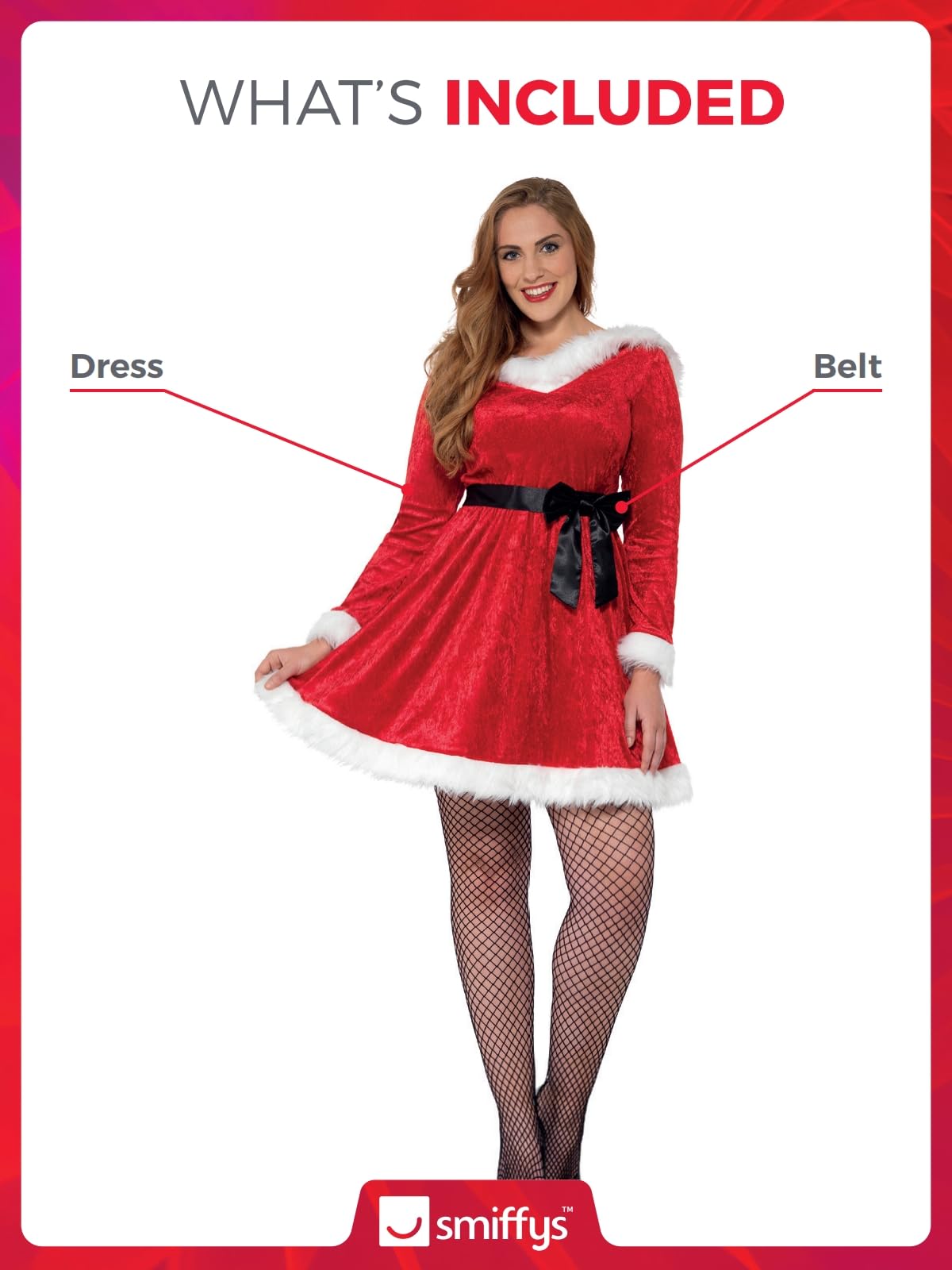 Smiffys Curves Miss Santa Costume, Red – Plus Size Women’s Christmas Fancy Dress Outfit with Dress & Belt, Flattering Festive Santa Costume for Xmas Parties & Holiday Events Large
