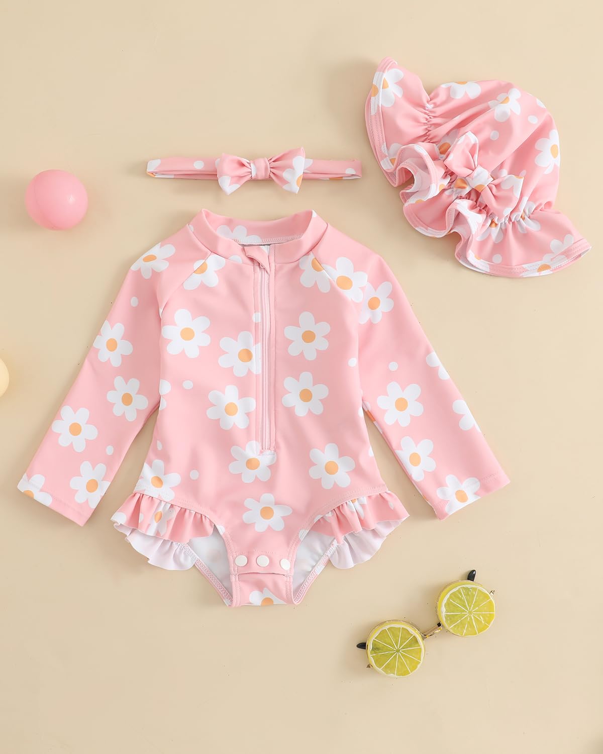 Baby Swimsuit Girl 3-Piece Set 0M-3T, Long Sleeve Toddler Swimming Costume with Hat & Headband, UPF 50+ Infant Rash Vest Front Zipper & Snaps, Pink Flower 12-18 Months