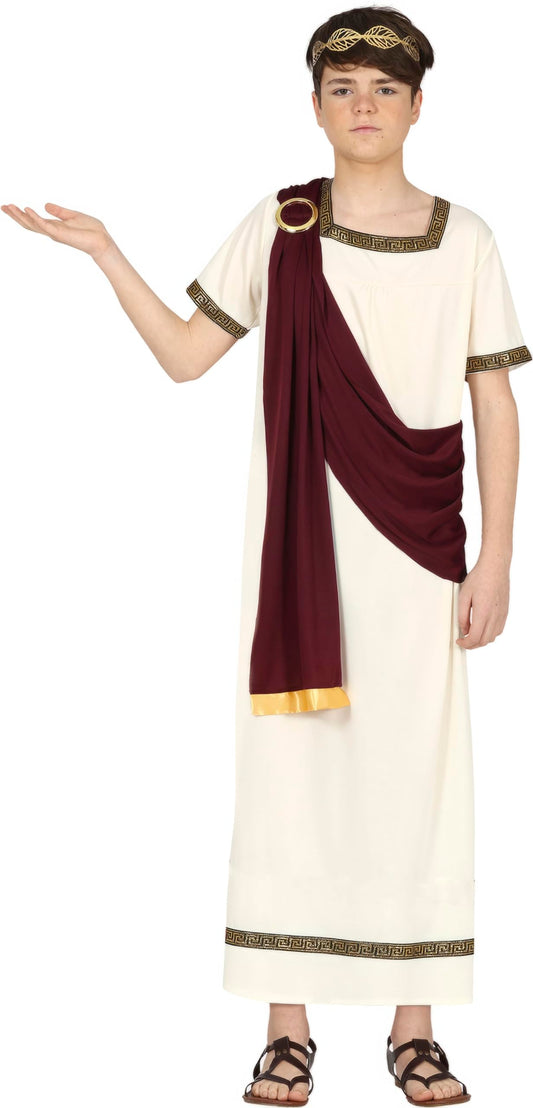Roman toga teen costume in beige and brown, front view