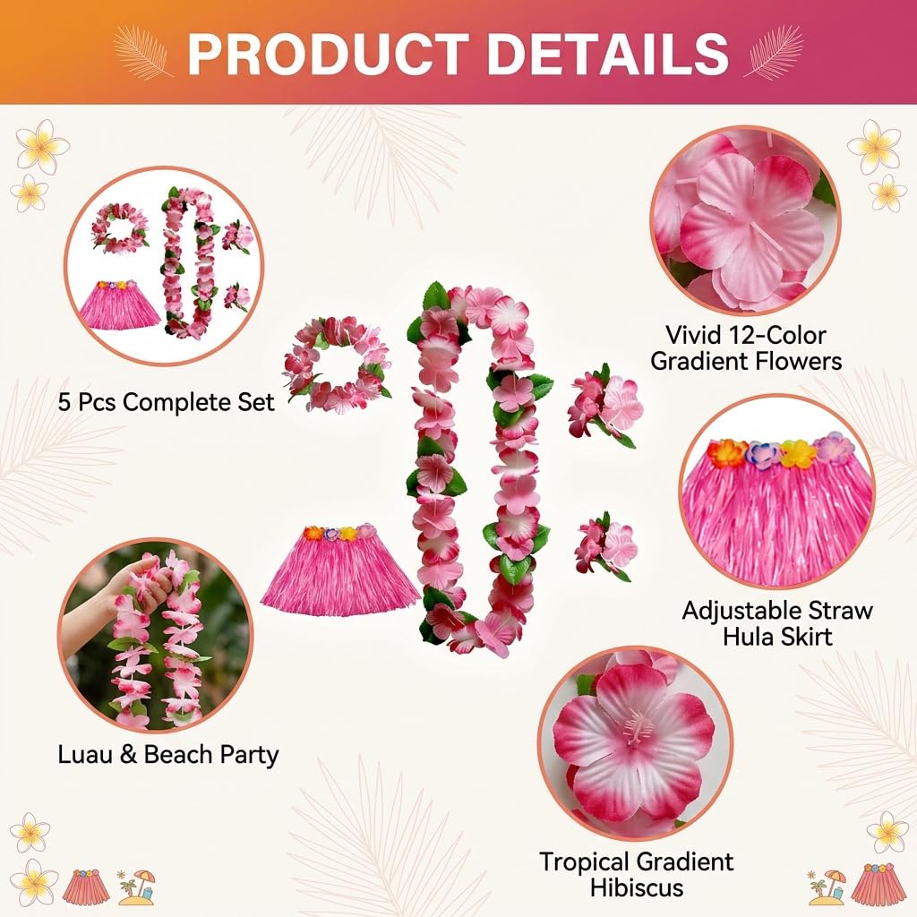 5 Pcs Hawaiian Fancy Dress Women,Grass Skirt,Hawaiian Outfits for Women,Hula Skirt Costume Set,Grass Skirts for Adults,Flower Necklace Hawaii Leis,for Summer Beach Tropical Decorations Supplies (B)