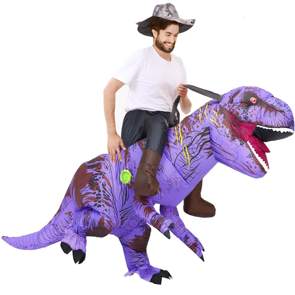 Rafalacy Inflatable Dinosaur Costume for Adult Blow up Ride-on T-rex Costume Funny Halloween Party Costume Dinosaur Party Fancy Dress up Suit, Purple