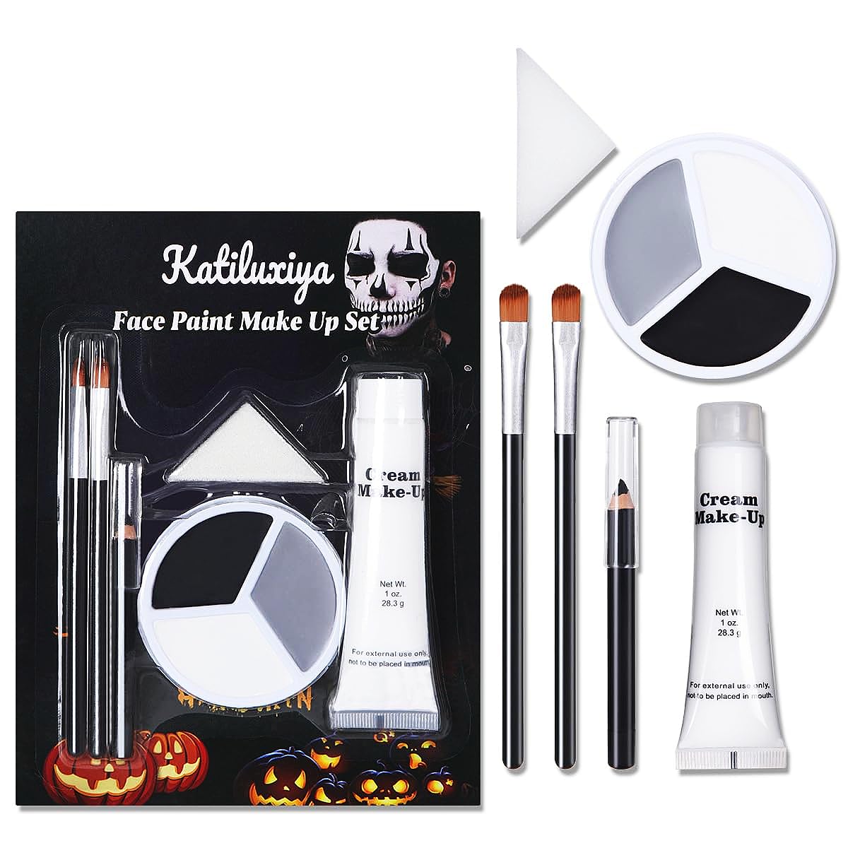 Katiluxiya Halloween Professional Grey Black White Face Paint, Face Painting Kit for Halloween Skeleton Skull, Clown Cosplay, SFX Special Effect and Theme Parties. (01, Color)