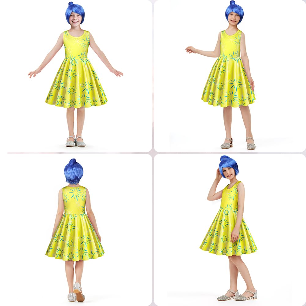 DiULi Girls Costume, Yellow Joy Princess Dress, Role Play Masquerade Sleeveless Dress, Suitable for Halloween Party Birthday Dress Up, with Wig(Yellow#150)