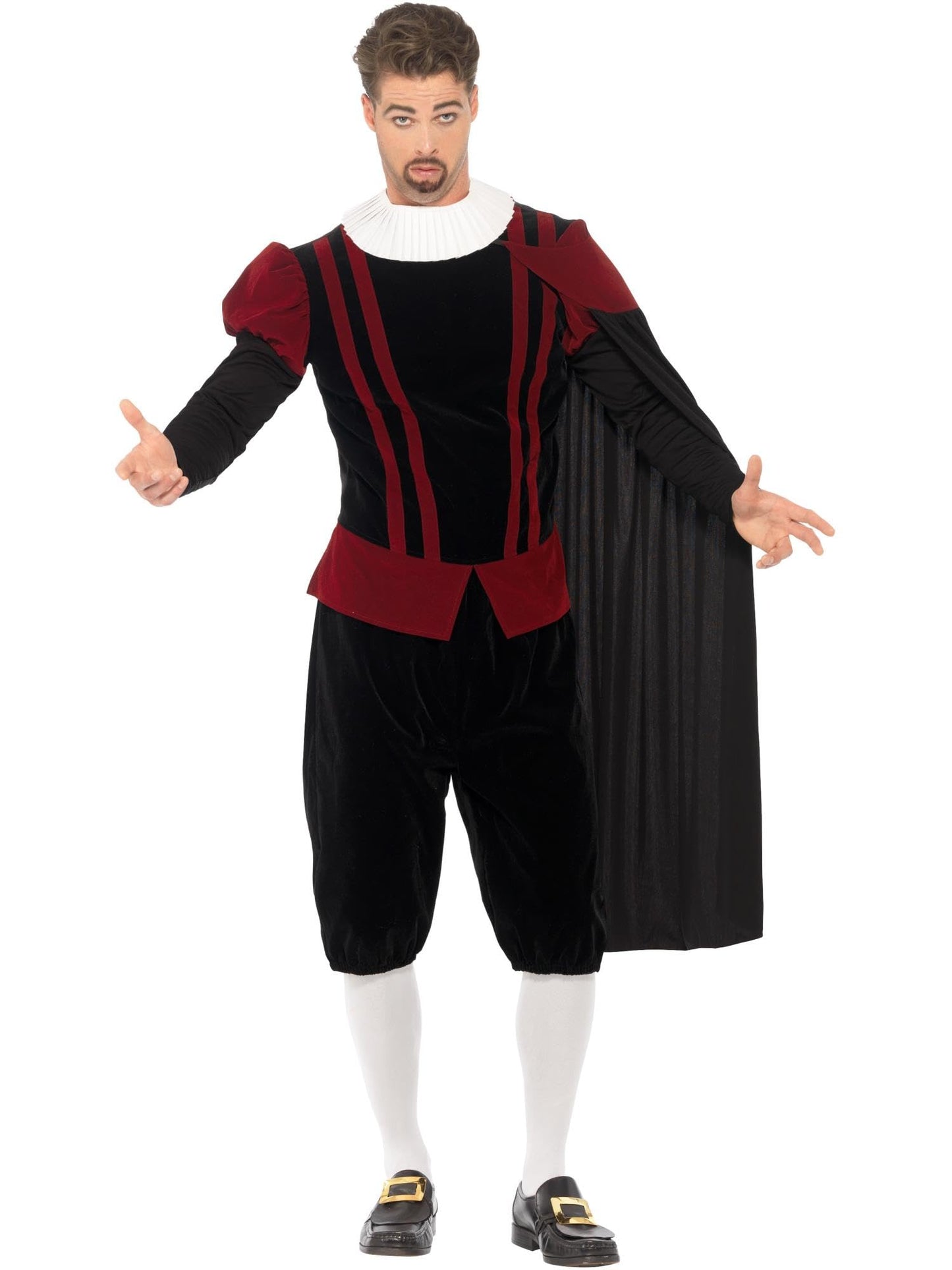 Smiffys Deluxe Tudor Lord Costume, Black with Top, Trousers, Cape & Neck Ruffle, Historical Fancy Dress, Adult Dress Up Costumes