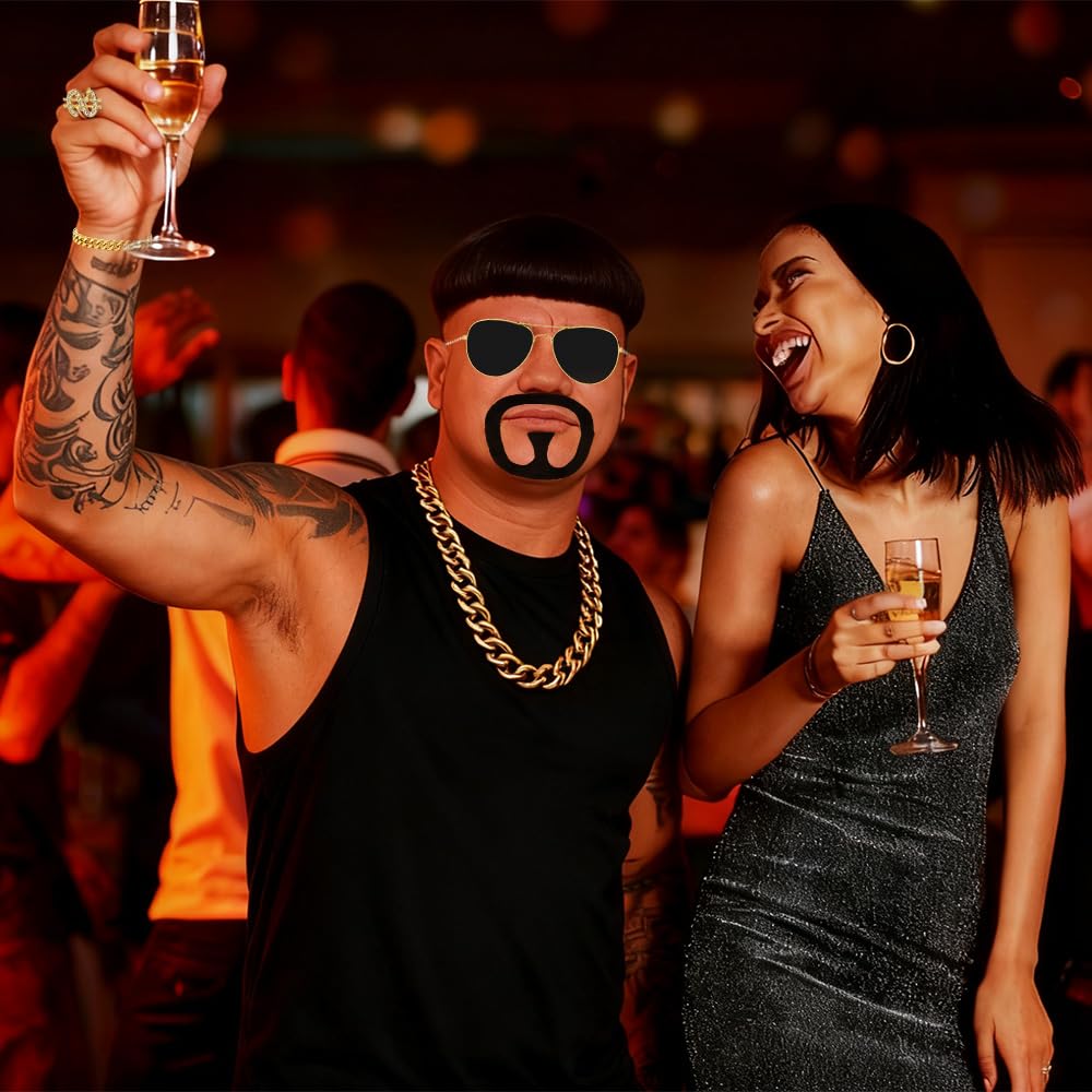 Ibiza Final Boss Costume Funny Costumes For Men with Handsome Black Bowl Cut Wig Hair Nets Goatee Mustache Sunglasses Gold Chain Ring & Tattoo Sleeves, 90s Meme Cosplay Ibiza Outfit for Carnival Party