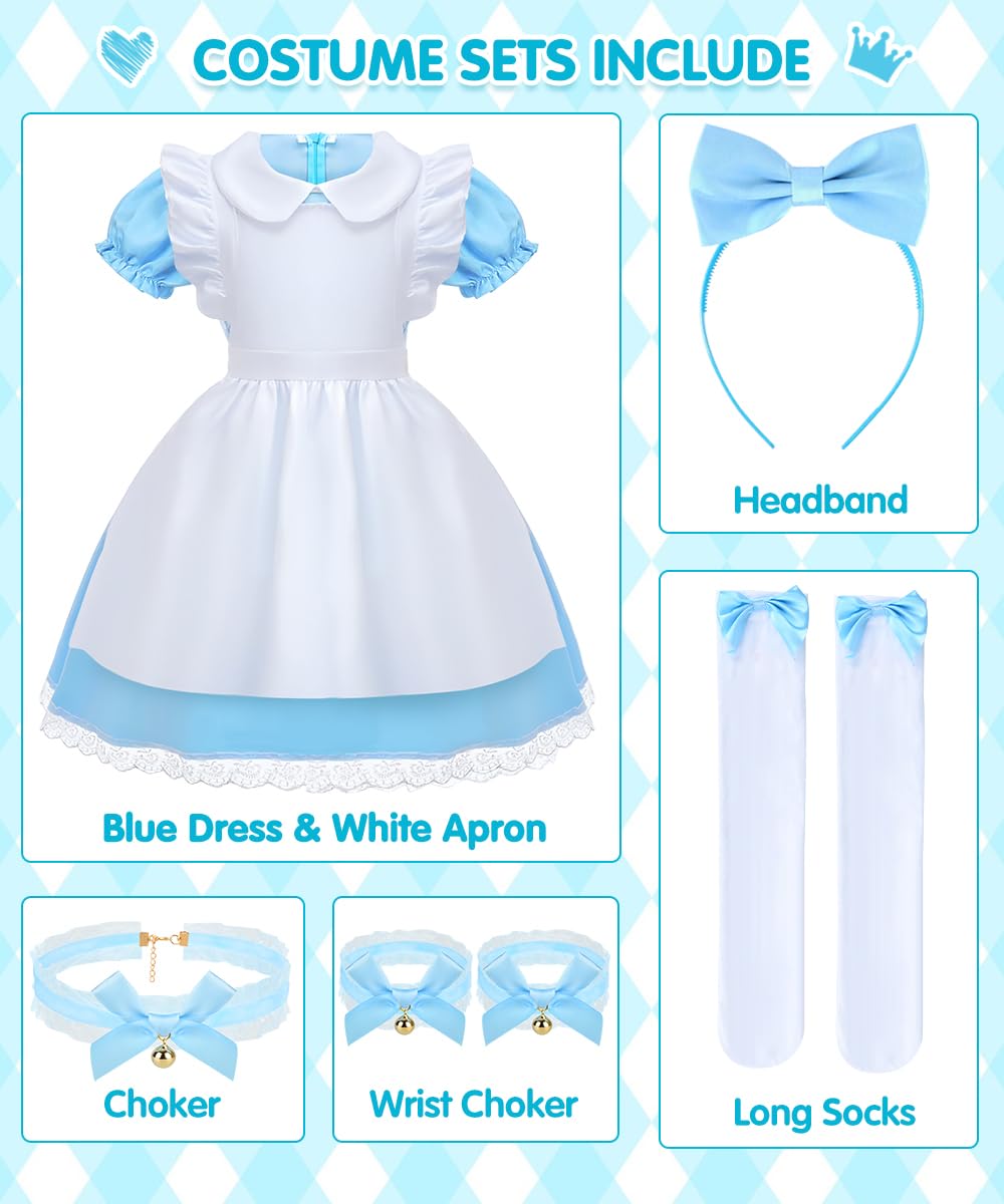 COYBTO Princess Costume for Girls 6-11 Years - Blue Dress With White Apron and Headband for Halloween, Birthday Party, Carnival, Fancy Dress