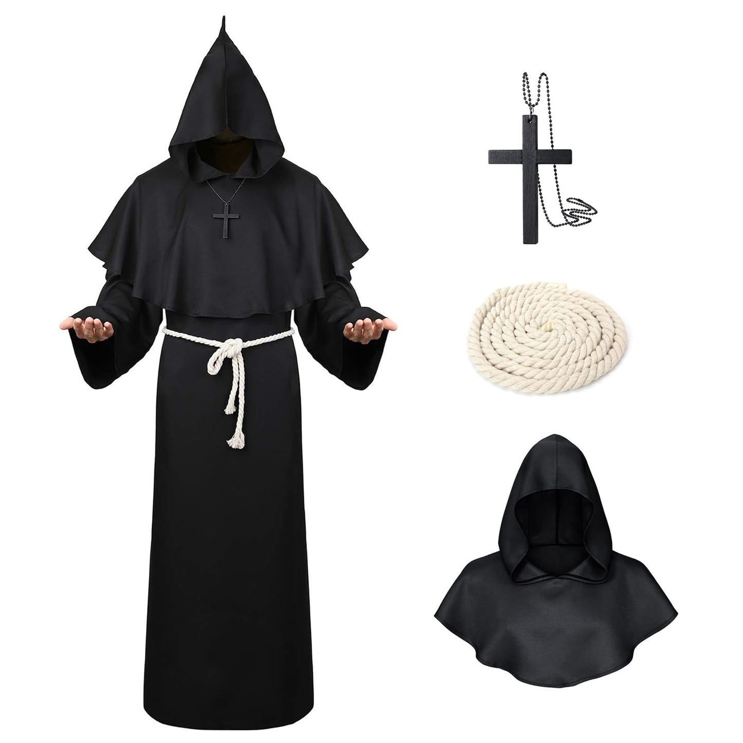 MEIRRAI Monk Robe Priest Robe Halloween Costume with Hood and Cross Ornament, Hood Women Men for Theme Party Fancy Dress (Black, XL)