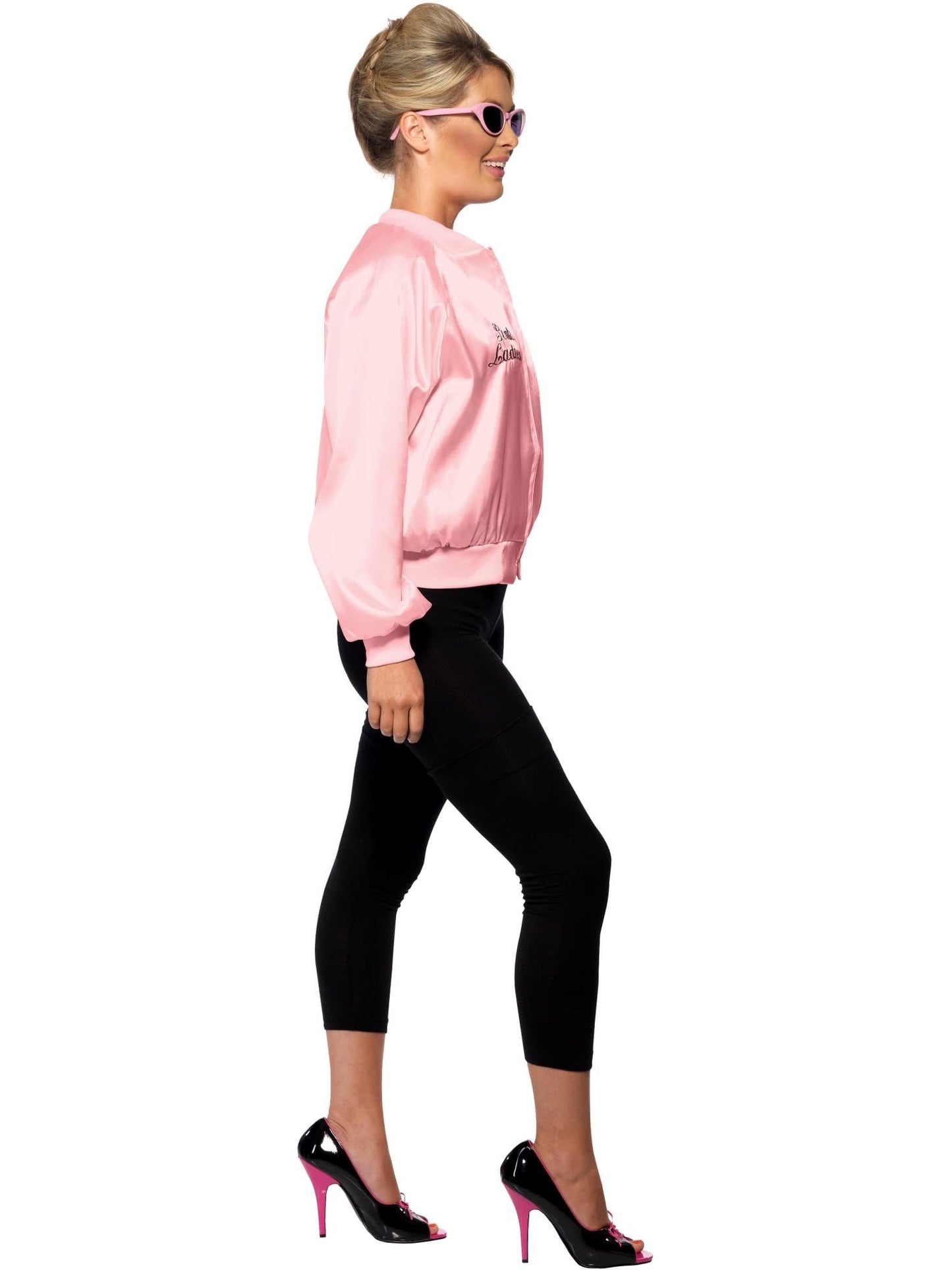 Smiffys Grease Pink Ladies Jacket for Women, Pink Jacket with Embroidered Logo, Officially Licensed, Ideal for Matching Group Outfits, Fancy Dress, and Playful Music-Themed Events Halloween