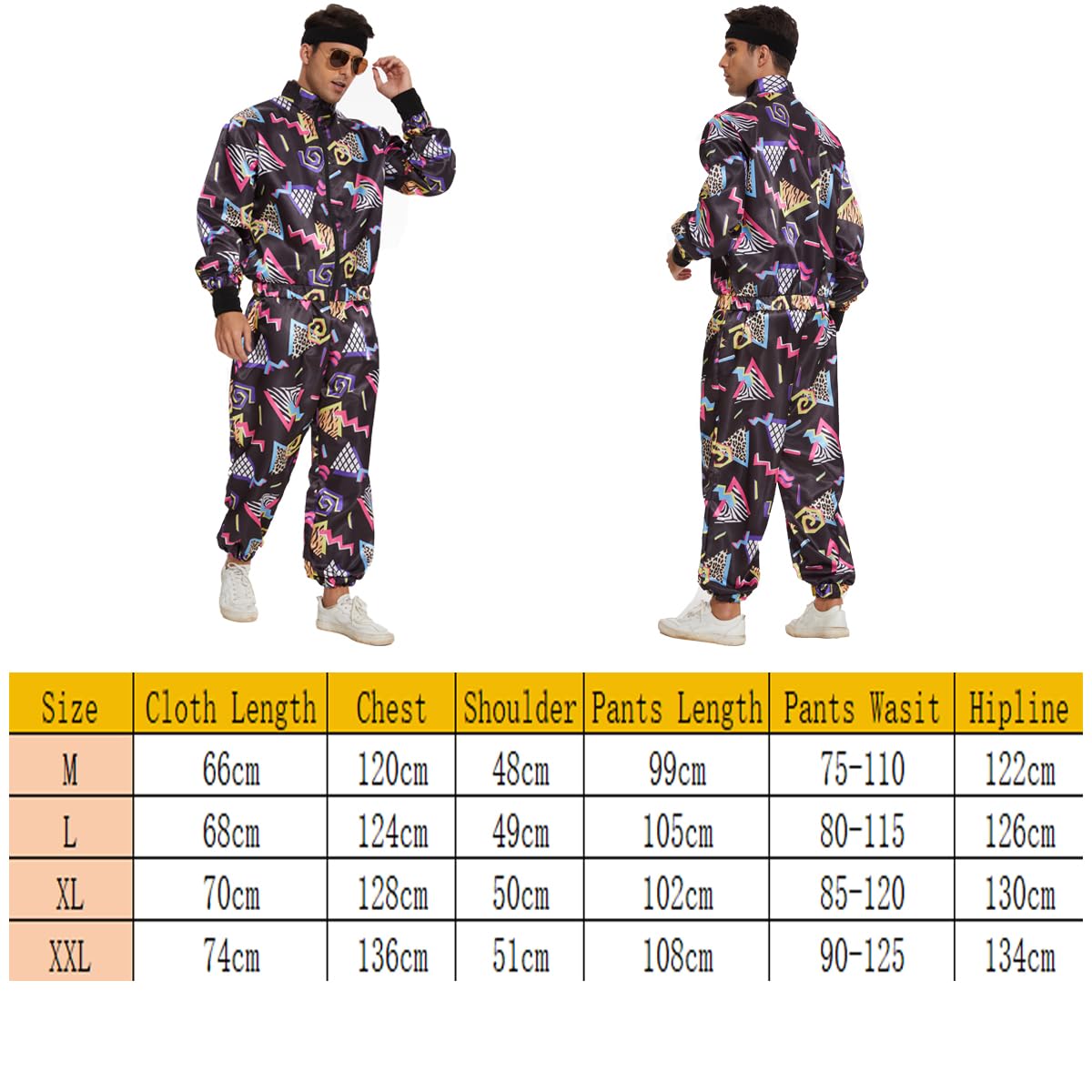 CEKUIA 80s 90s Fancy Dress Shell Suit Disco Dress Costume for Men Women Tracksuit with Headband Glasses Wristbands